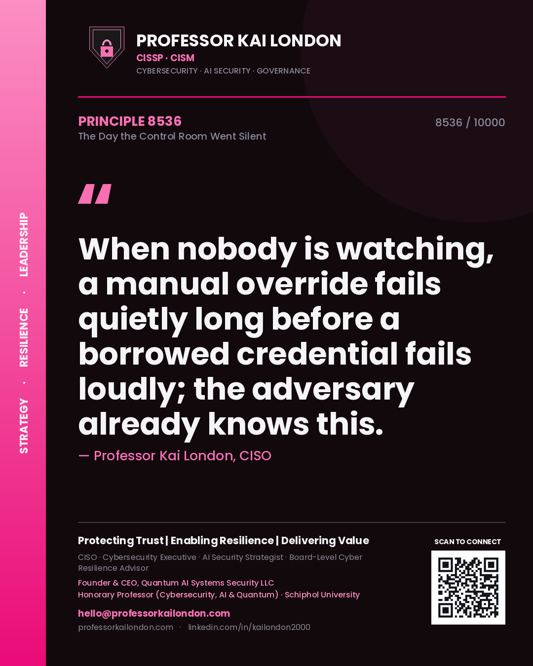 Professor Kai London principle 8536: When nobody is watching, a manual override fails quietly long before a borrowed credential fails loudly; the adversary already knows this.