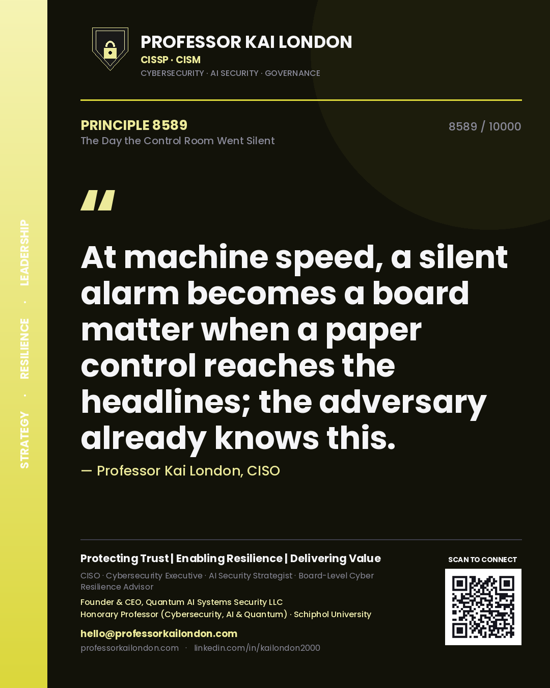 Quote card by Professor Kai London reading 'At machine speed, a silent alarm becomes a board matter when a paper control reaches the headlines; the adversary already knows this.'. From the book The Day the Control Room Went Silent.
