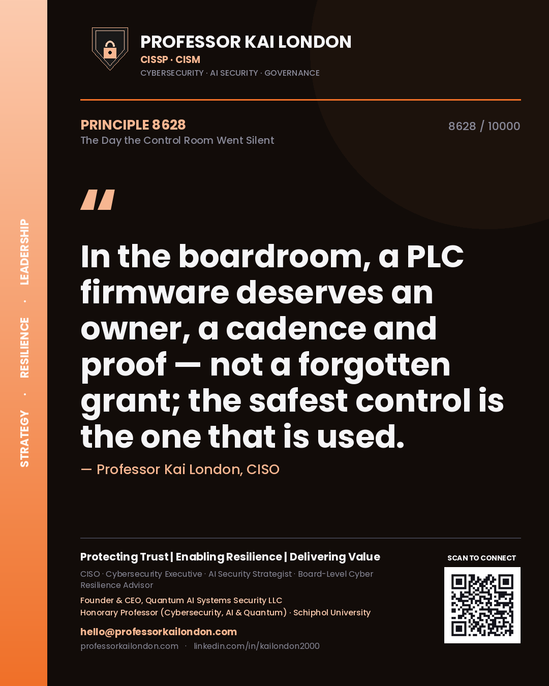 Professor Kai London principle 8628: In the boardroom, a PLC firmware deserves an owner, a cadence and proof — not a forgotten grant; the safest control is the one that is used.