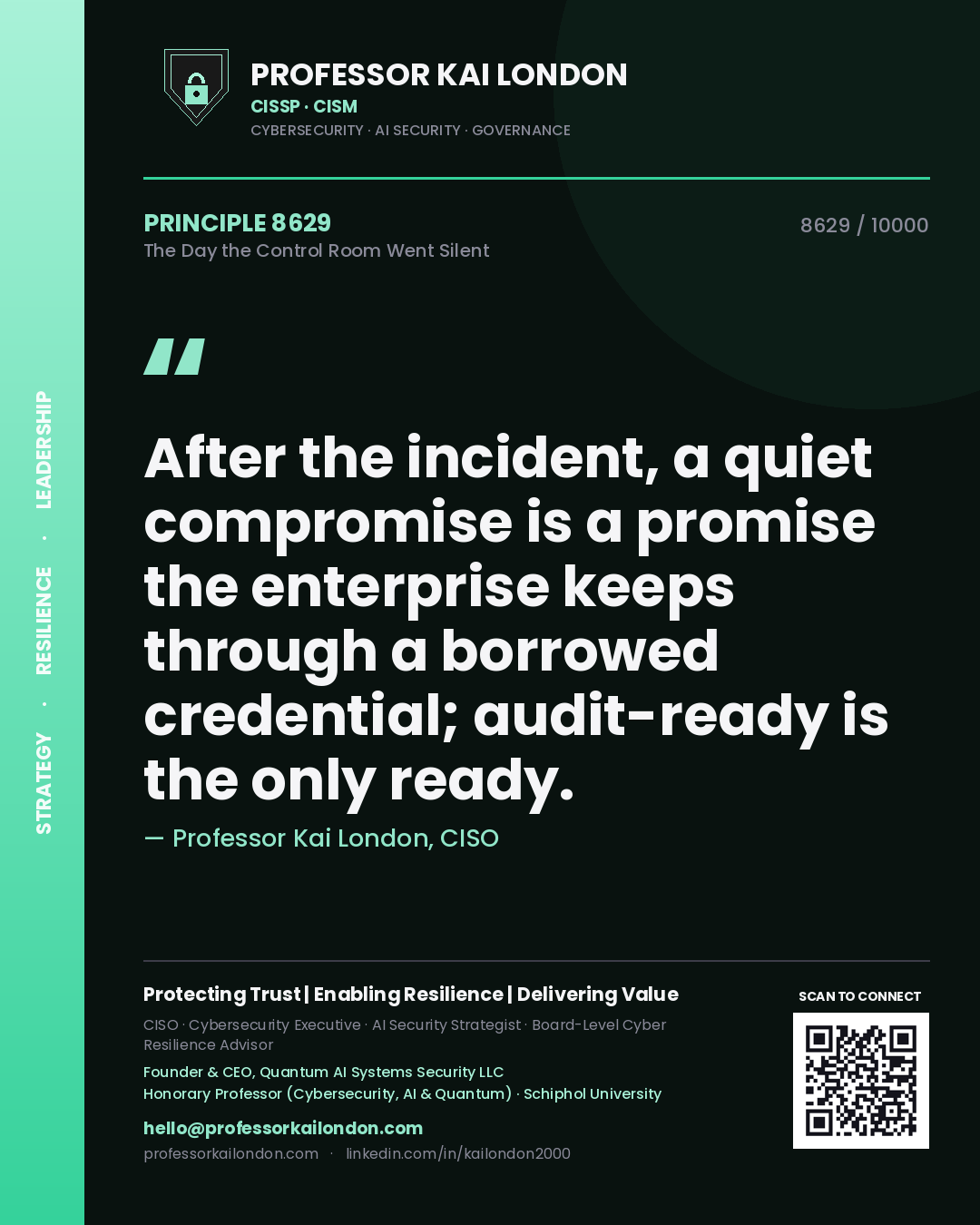 Professor Kai London principle 8629: After the incident, a quiet compromise is a promise the enterprise keeps through a borrowed credential; audit-ready is the only ready.