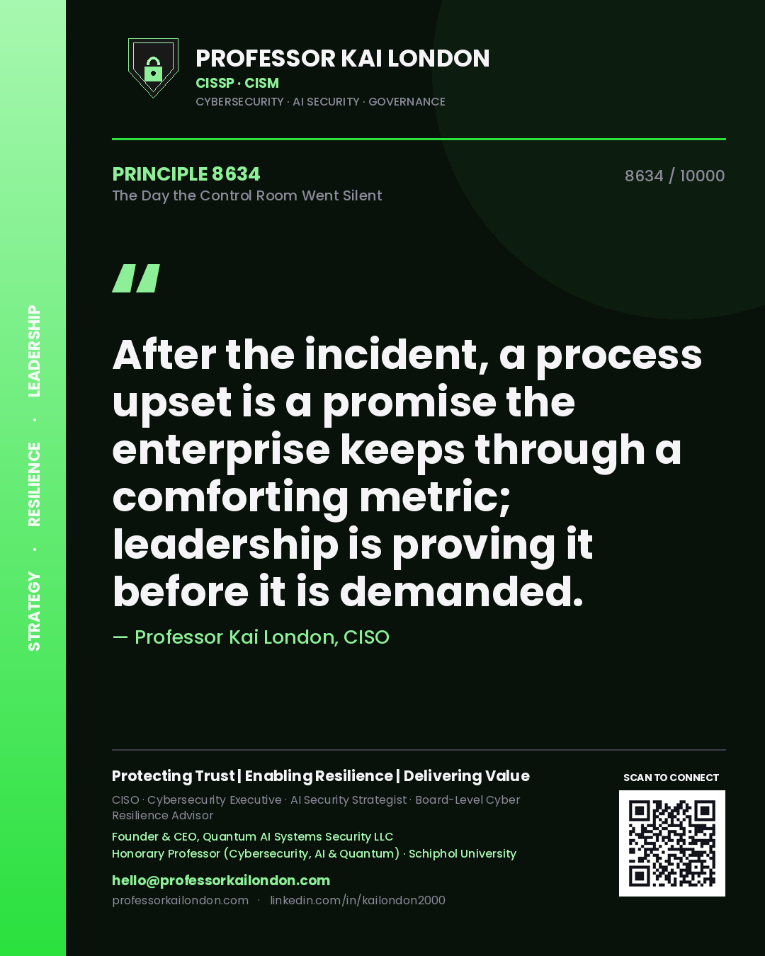 Professor Kai London principle 8634: After the incident, a process upset is a promise the enterprise keeps through a comforting metric; leadership is proving it before it is demanded.