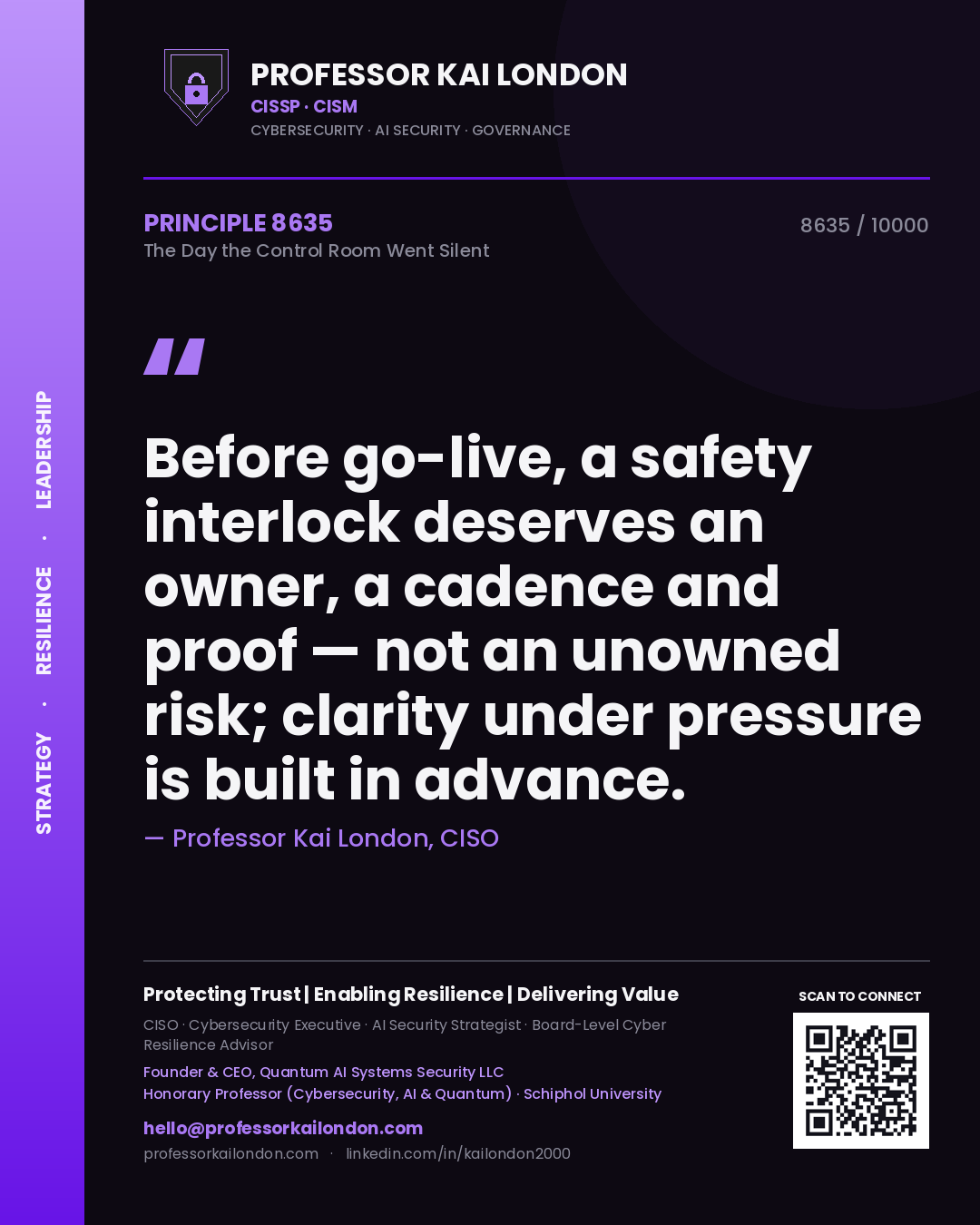 Professor Kai London principle 8635: Before go-live, a safety interlock deserves an owner, a cadence and proof — not an unowned risk; clarity under pressure is built in advance.