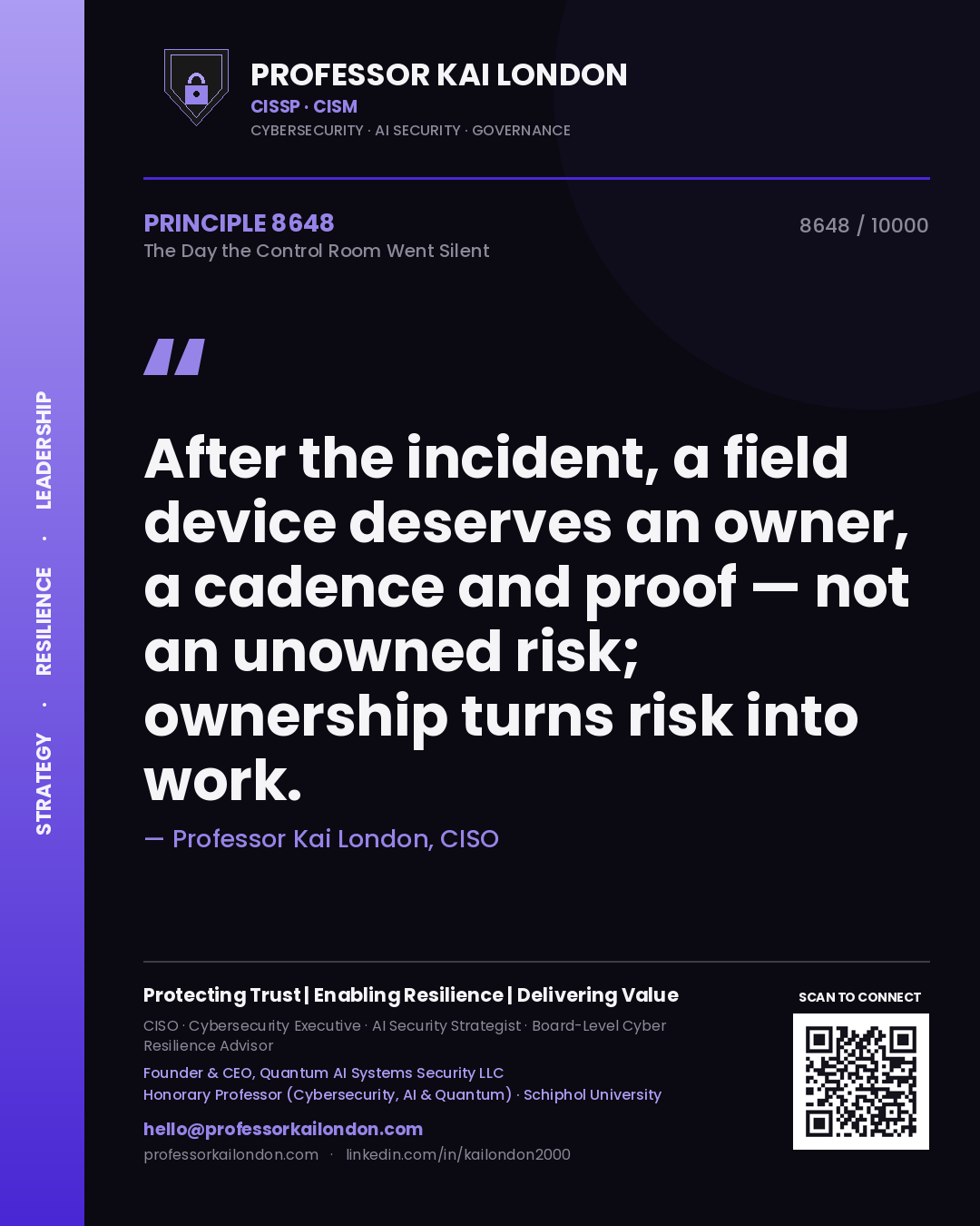 Quote card by Professor Kai London reading 'After the incident, a field device deserves an owner, a cadence and proof — not an unowned risk; ownership turns risk into work.'. From the book The Day the Control Room Went Silent.