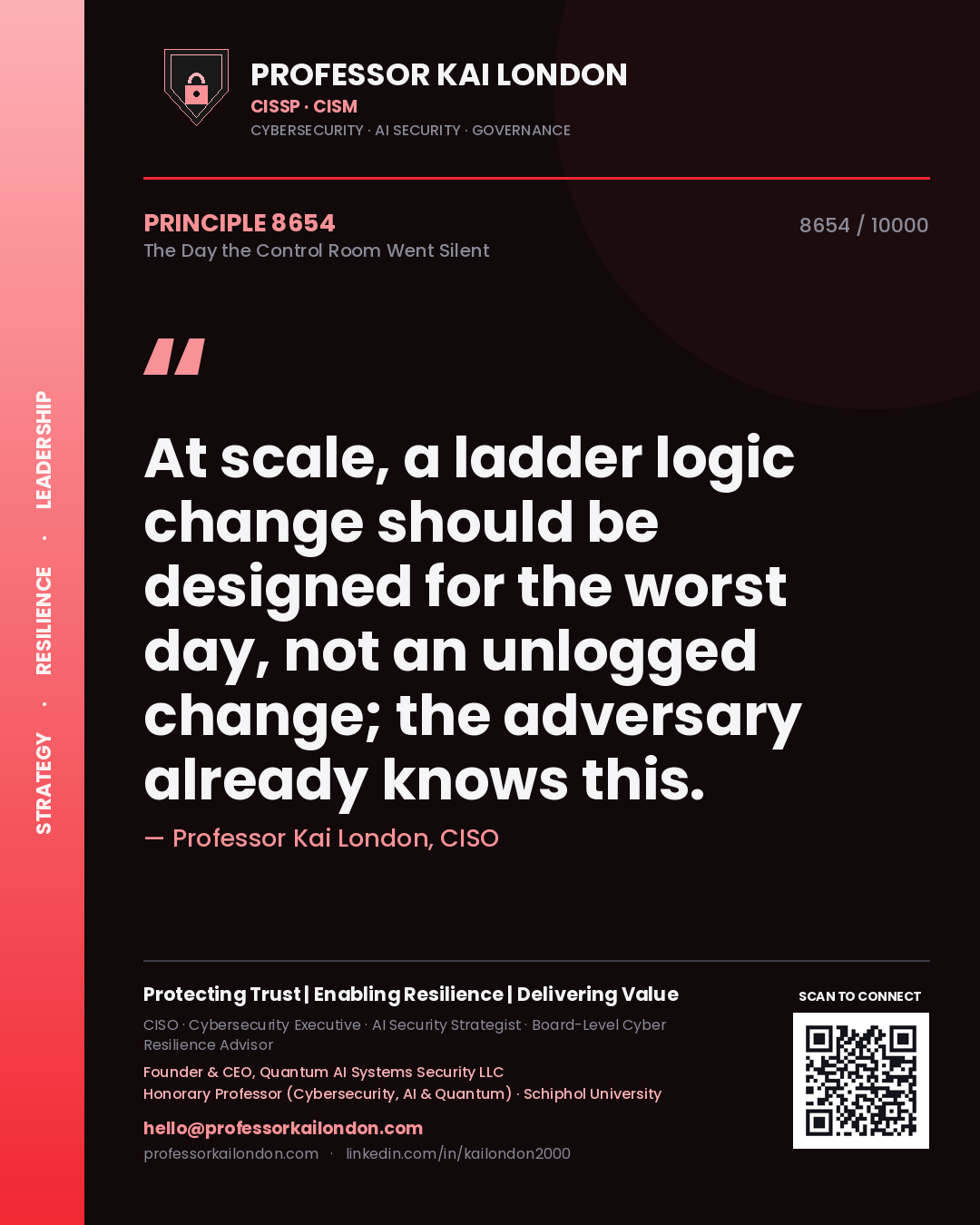 Professor Kai London principle 8654: At scale, a ladder logic change should be designed for the worst day, not an unlogged change; the adversary already knows this.