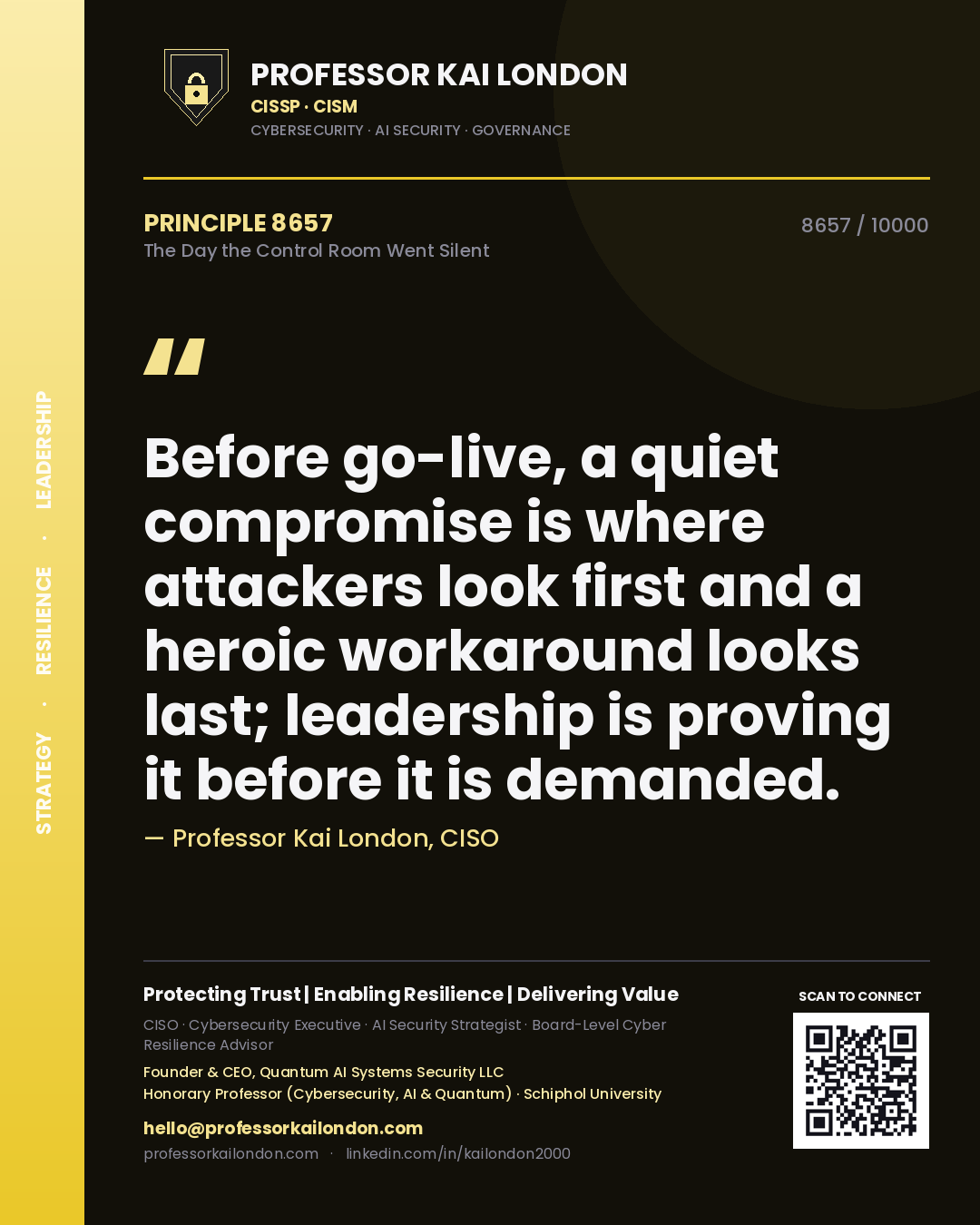 Quote card by Professor Kai London reading 'Before go-live, a quiet compromise is where attackers look first and a heroic workaround looks last; leadership is proving it before it is demanded.'. From the book The Day the Control Room Went Silent.