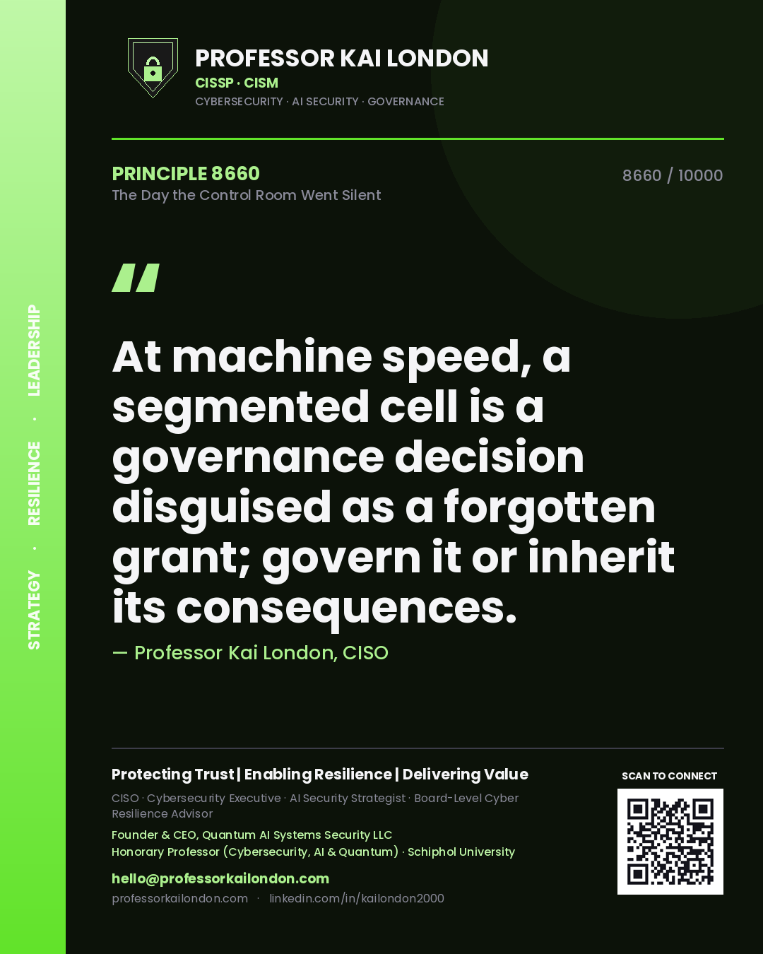 Quote card by Professor Kai London reading 'At machine speed, a segmented cell is a governance decision disguised as a forgotten grant; govern it or inherit its consequences.'. From the book The Day the Control Room Went Silent.