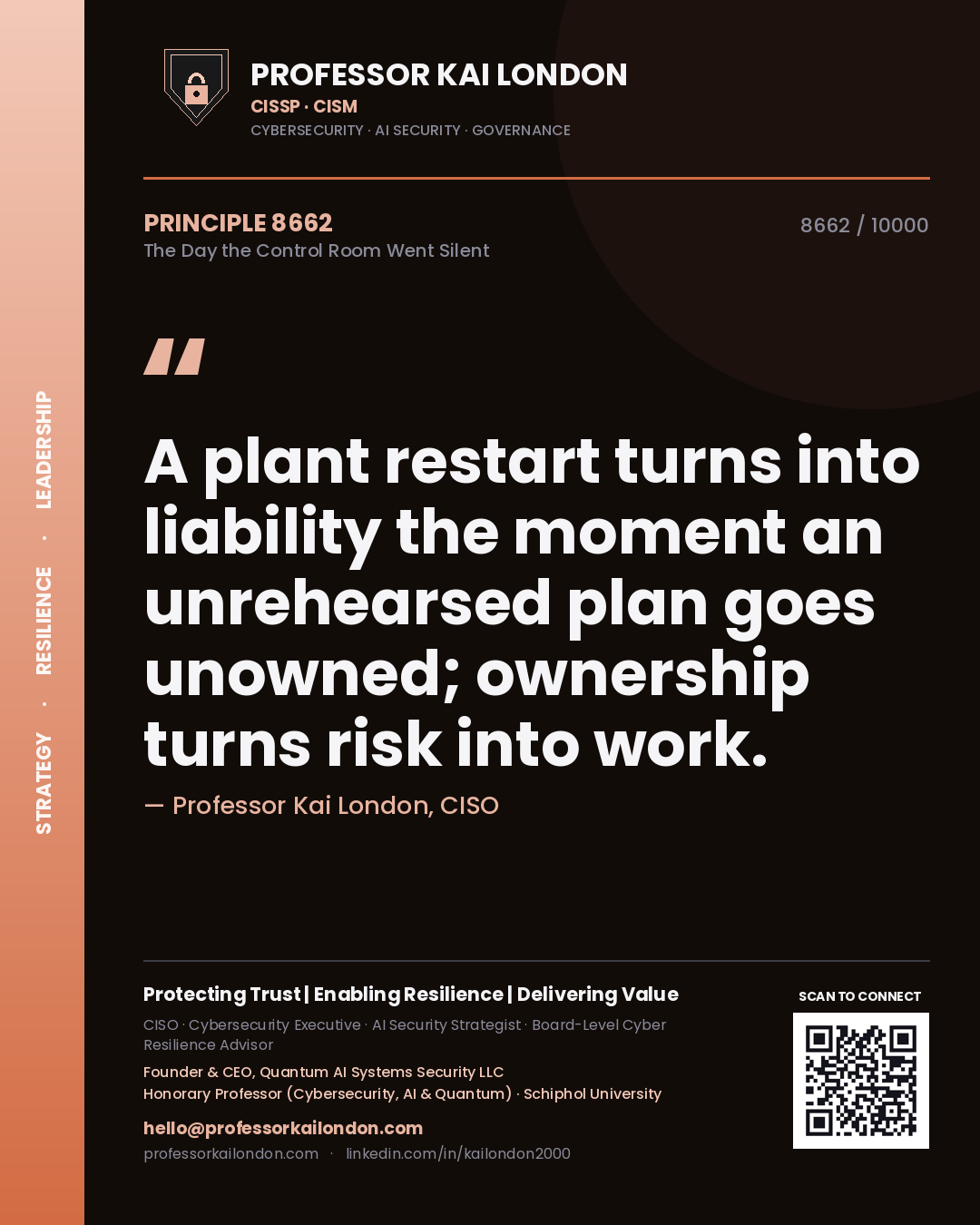 Quote card by Professor Kai London reading 'A plant restart turns into liability the moment an unrehearsed plan goes unowned; ownership turns risk into work.'. From the book The Day the Control Room Went Silent.
