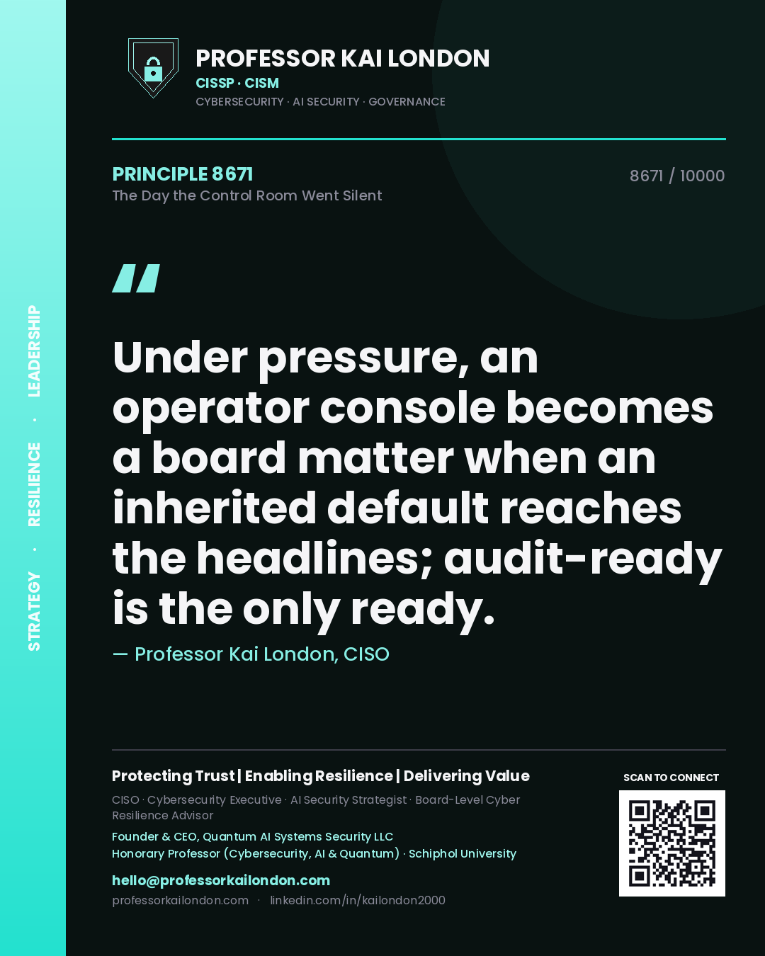 Quote card by Professor Kai London reading 'Under pressure, an operator console becomes a board matter when an inherited default reaches the headlines; audit-ready is the only ready.'. From the book The Day the Control Room Went Silent.
