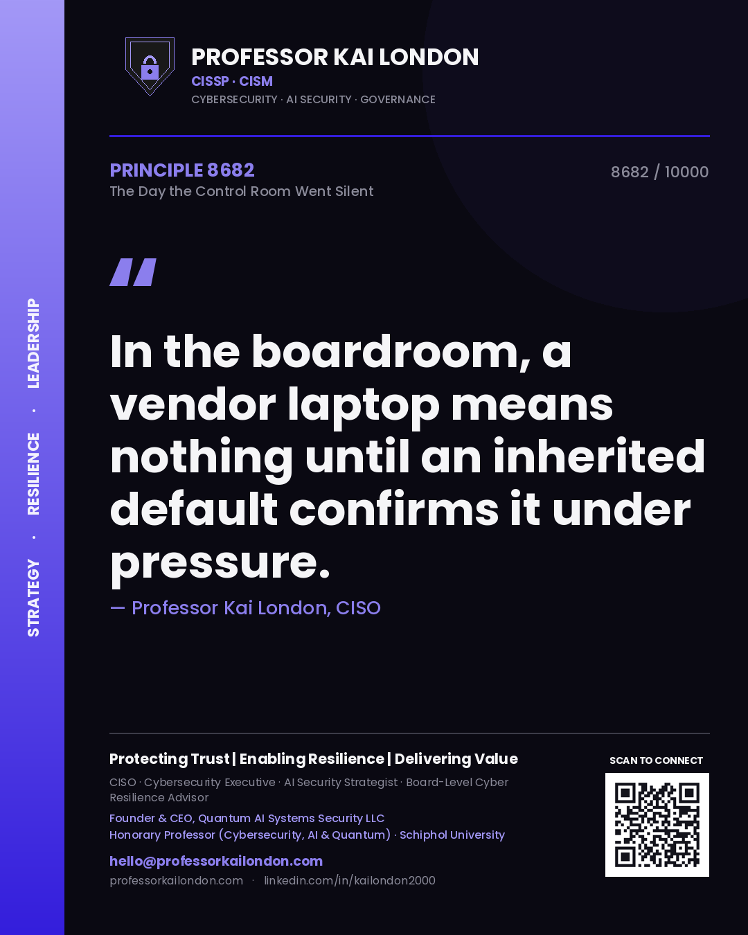 Quote card by Professor Kai London reading 'In the boardroom, a vendor laptop means nothing until an inherited default confirms it under pressure.'. From the book The Day the Control Room Went Silent.