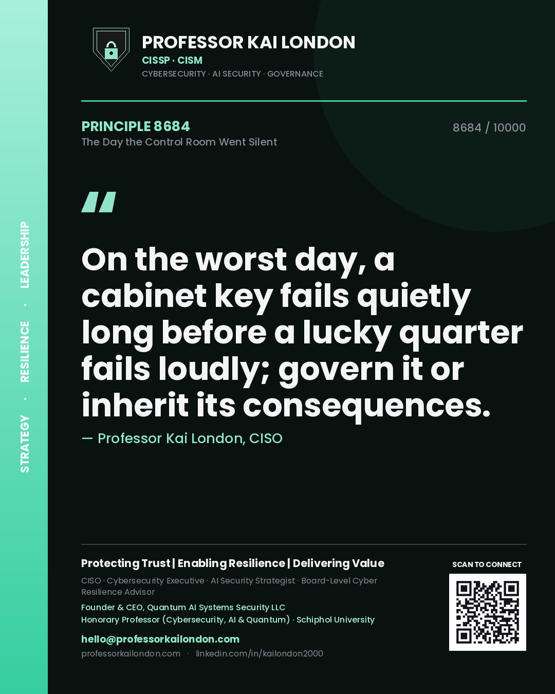 Professor Kai London principle 8684: On the worst day, a cabinet key fails quietly long before a lucky quarter fails loudly; govern it or inherit its consequences.