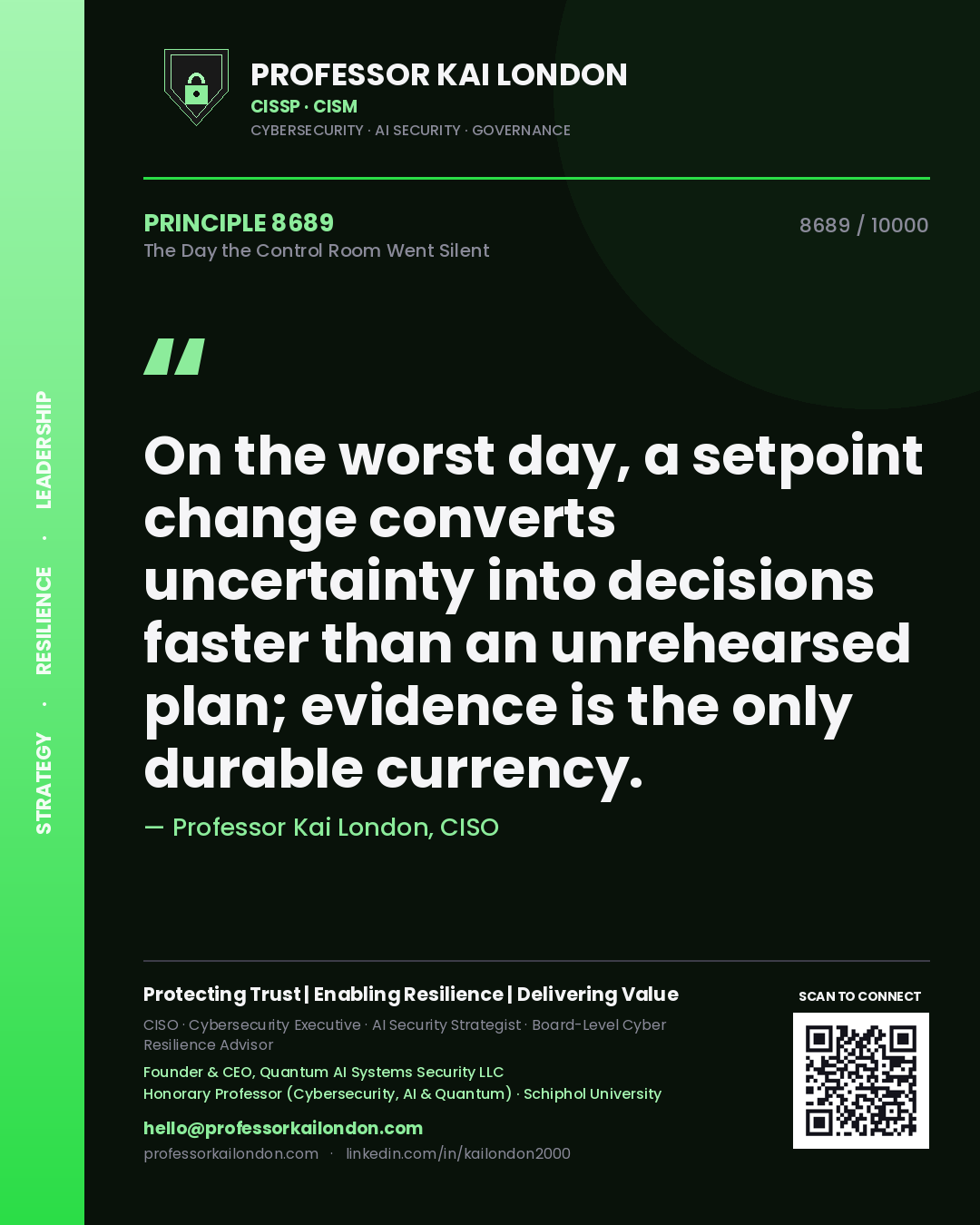 Quote card by Professor Kai London reading 'On the worst day, a setpoint change converts uncertainty into decisions faster than an unrehearsed plan; evidence is the only durable currency.'. From the book The Day the Control Room Went Silent.