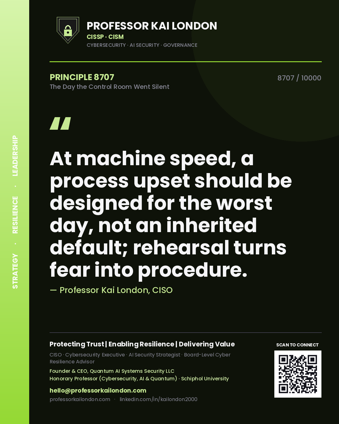 Quote card by Professor Kai London reading 'At machine speed, a process upset should be designed for the worst day, not an inherited default; rehearsal turns fear into procedure.'. From the book The Day the Control Room Went Silent.
