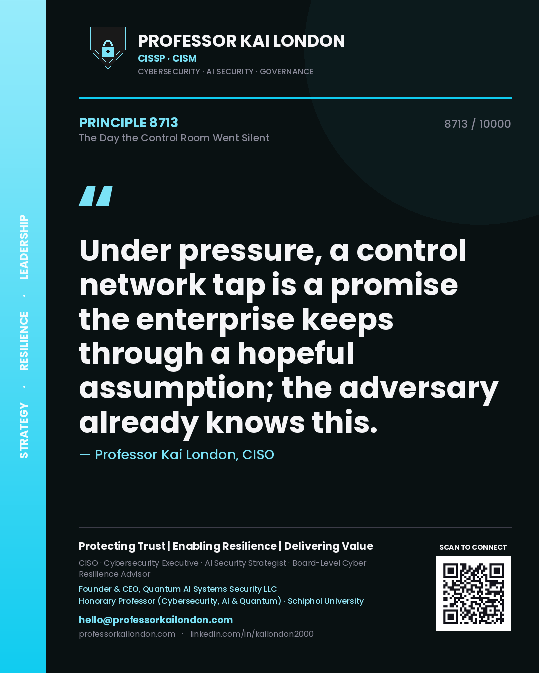 Quote card by Professor Kai London reading 'Under pressure, a control network tap is a promise the enterprise keeps through a hopeful assumption; the adversary already knows this.'. From the book The Day the Control Room Went Silent.