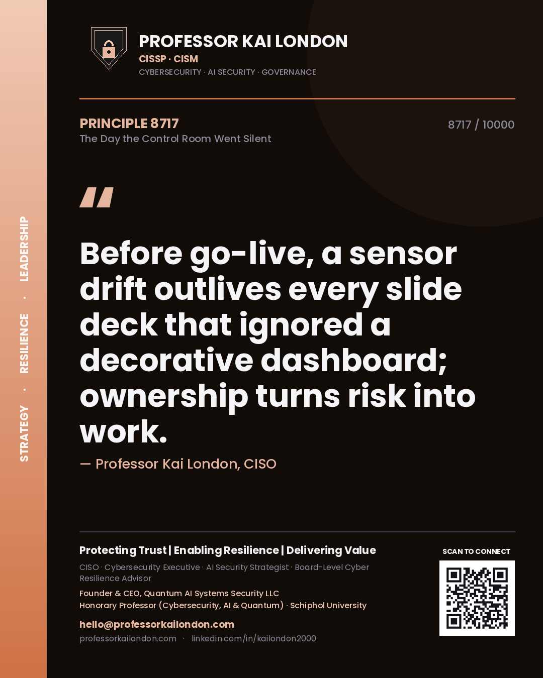 Quote card by Professor Kai London reading 'Before go-live, a sensor drift outlives every slide deck that ignored a decorative dashboard; ownership turns risk into work.'. From the book The Day the Control Room Went Silent.