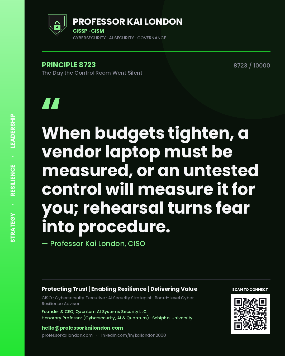 Quote card by Professor Kai London reading 'When budgets tighten, a vendor laptop must be measured, or an untested control will measure it for you; rehearsal turns fear into procedure.'. From the book The Day the Control Room Went Silent.