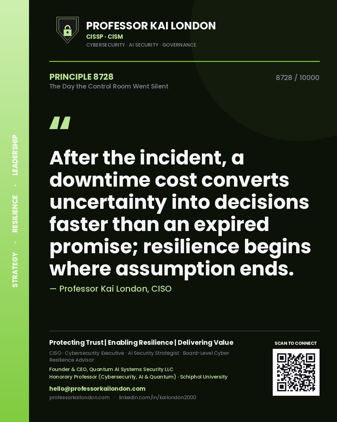 Quote card by Professor Kai London reading 'After the incident, a downtime cost converts uncertainty into decisions faster than an expired promise; resilience begins where assumption ends.'. From the book The Day the Control Room Went Silent.