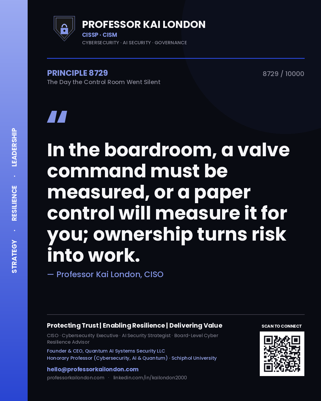 Quote card by Professor Kai London reading 'In the boardroom, a valve command must be measured, or a paper control will measure it for you; ownership turns risk into work.'. From the book The Day the Control Room Went Silent.