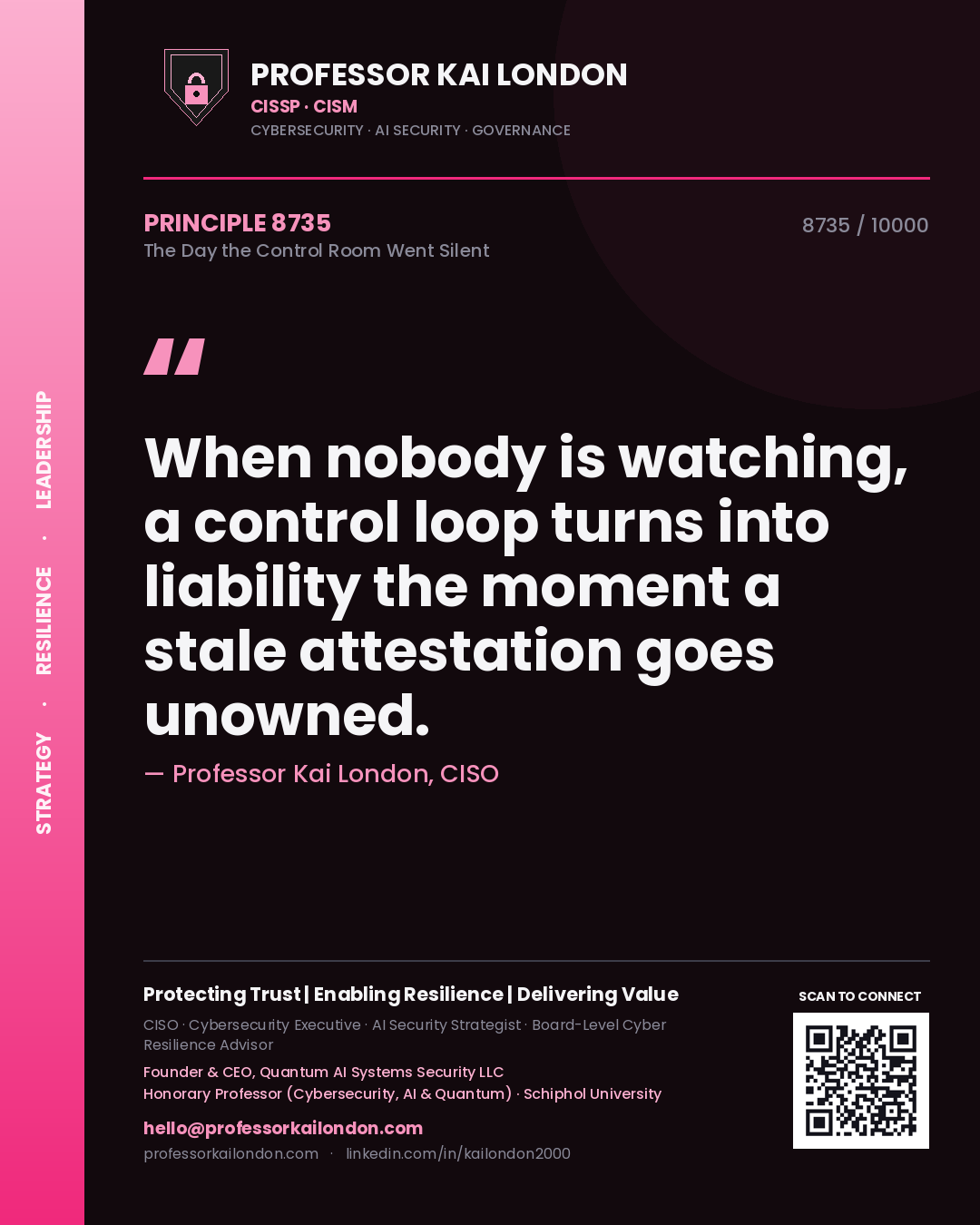 Quote card by Professor Kai London reading 'When nobody is watching, a control loop turns into liability the moment a stale attestation goes unowned.'. From the book The Day the Control Room Went Silent.