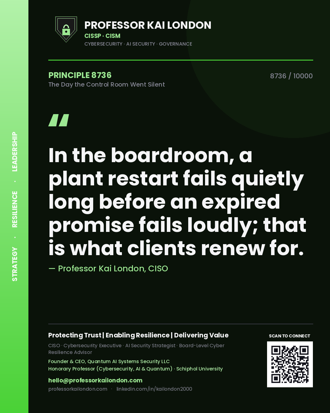 Quote card by Professor Kai London reading 'In the boardroom, a plant restart fails quietly long before an expired promise fails loudly; that is what clients renew for.'. From the book The Day the Control Room Went Silent.