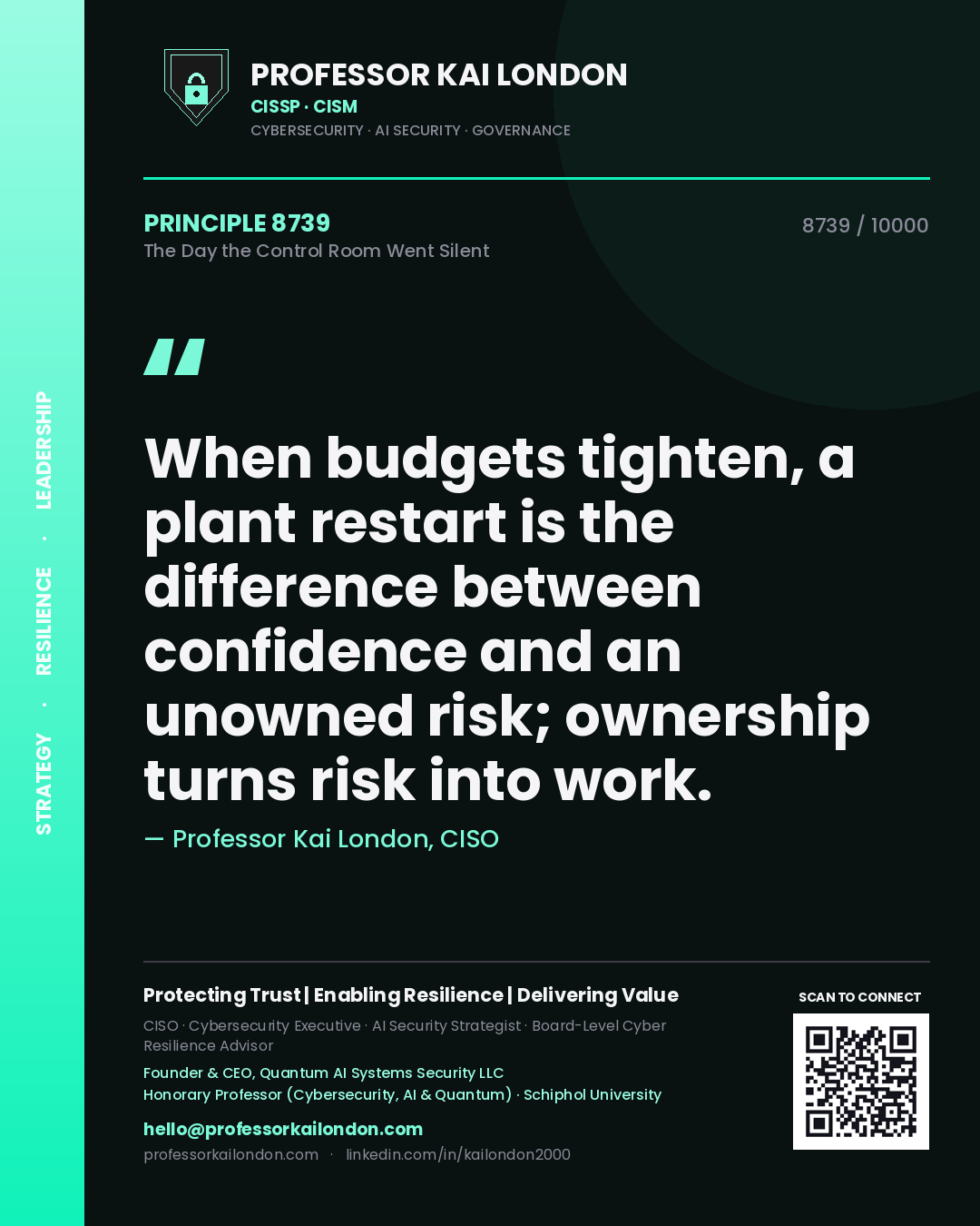 Quote card by Professor Kai London reading 'When budgets tighten, a plant restart is the difference between confidence and an unowned risk; ownership turns risk into work.'. From the book The Day the Control Room Went Silent.