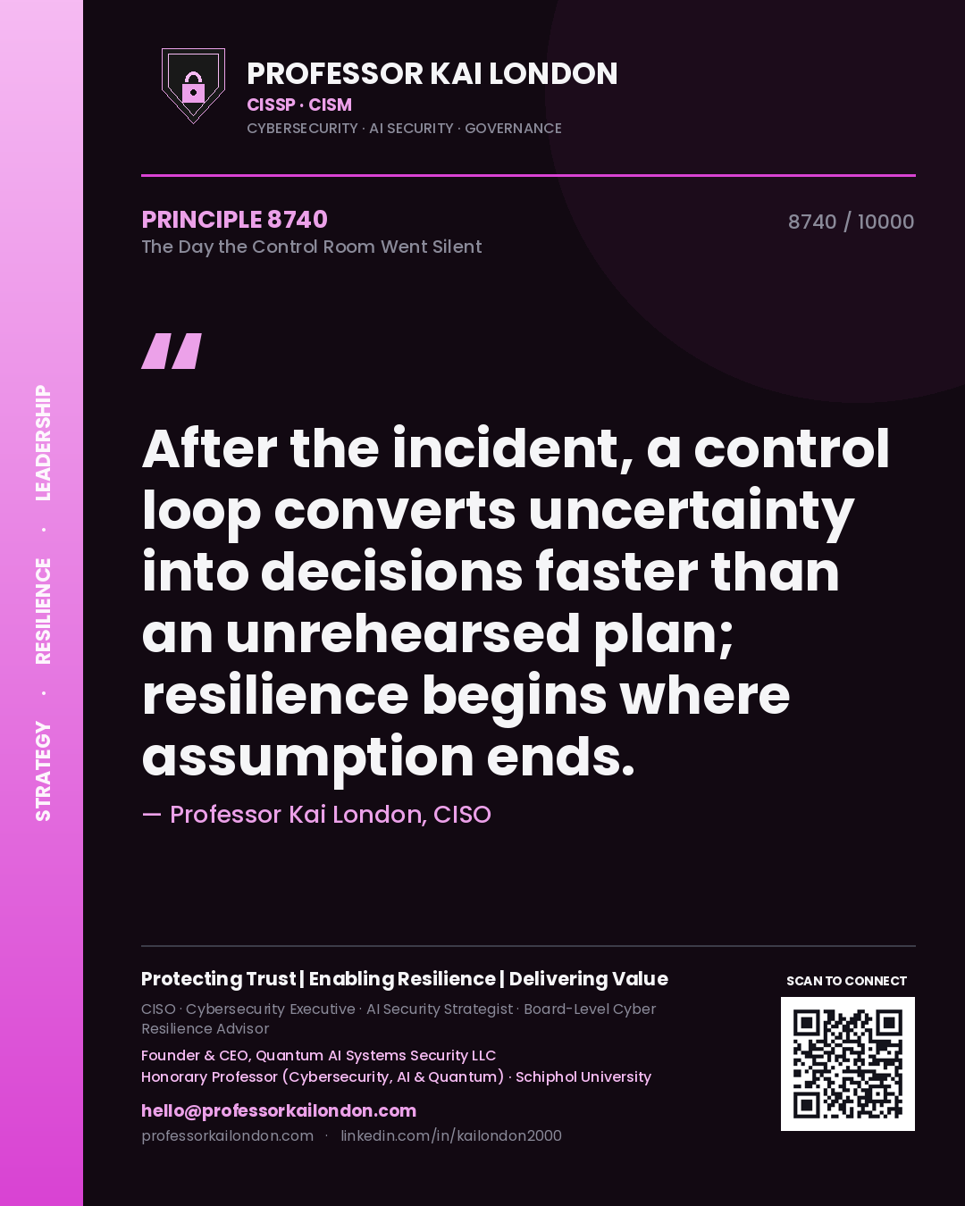 Quote card by Professor Kai London reading 'After the incident, a control loop converts uncertainty into decisions faster than an unrehearsed plan; resilience begins where assumption ends.'. From the book The Day the Control Room Went Silent.