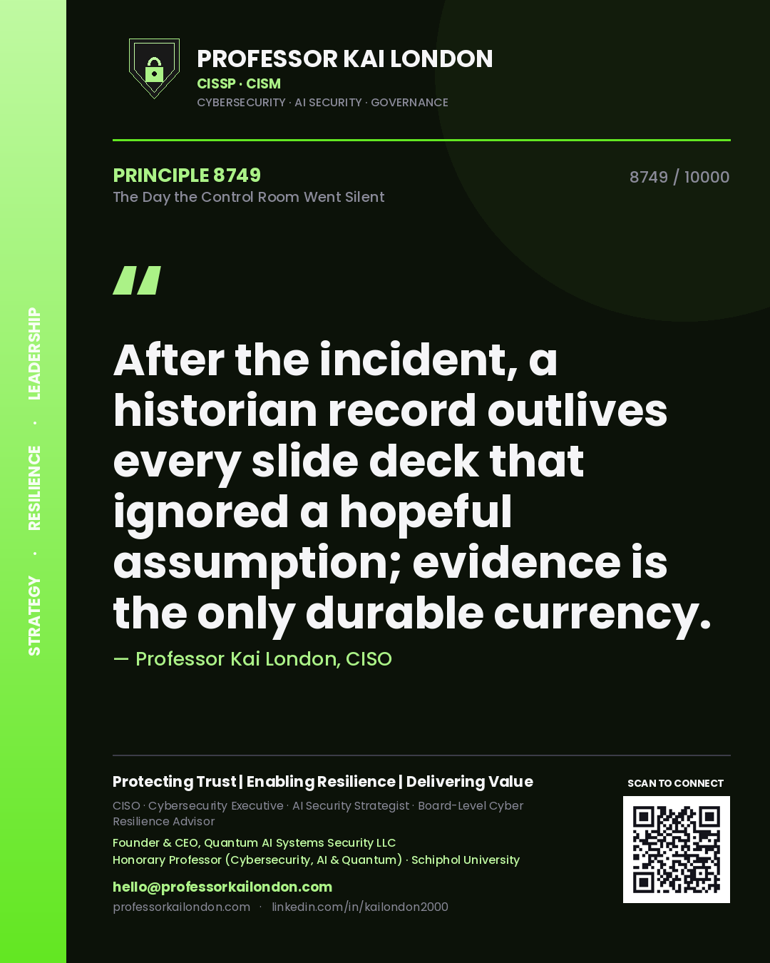 Quote card by Professor Kai London reading 'After the incident, a historian record outlives every slide deck that ignored a hopeful assumption; evidence is the only durable currency.'. From the book The Day the Control Room Went Silent.