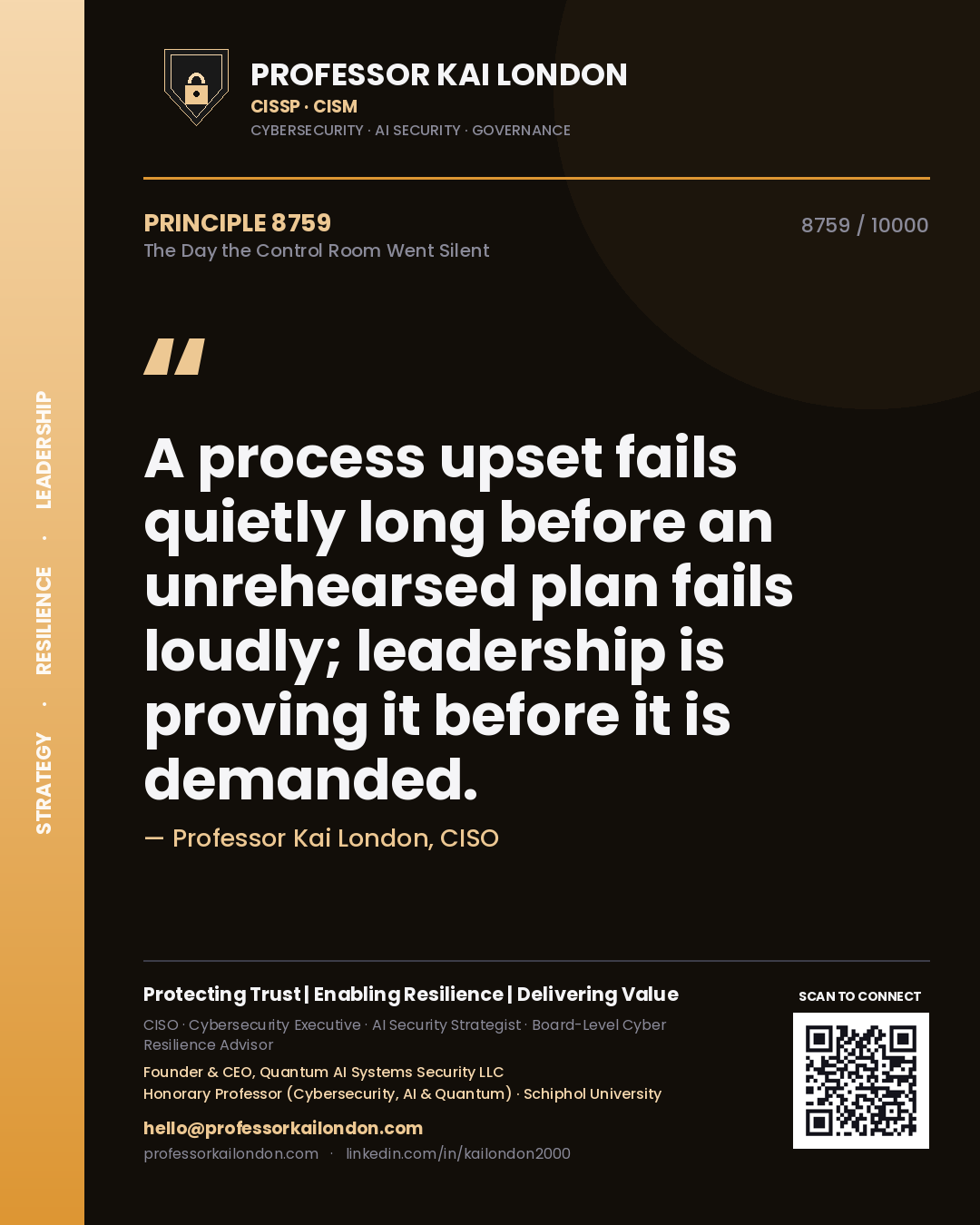 Quote card by Professor Kai London reading 'A process upset fails quietly long before an unrehearsed plan fails loudly; leadership is proving it before it is demanded.'. From the book The Day the Control Room Went Silent.