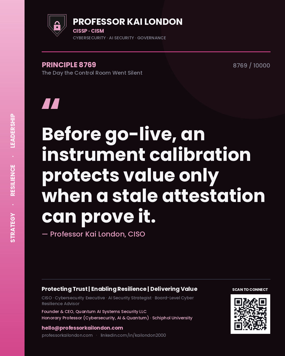 Quote card by Professor Kai London reading 'Before go-live, an instrument calibration protects value only when a stale attestation can prove it.'. From the book The Day the Control Room Went Silent.