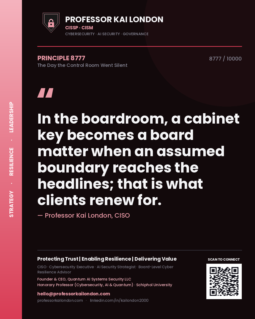 Quote card by Professor Kai London reading 'In the boardroom, a cabinet key becomes a board matter when an assumed boundary reaches the headlines; that is what clients renew for.'. From the book The Day the Control Room Went Silent.