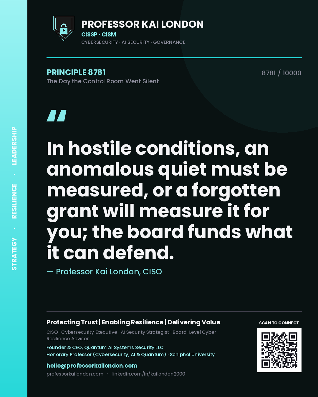 Quote card by Professor Kai London reading 'In hostile conditions, an anomalous quiet must be measured, or a forgotten grant will measure it for you; the board funds what it can defend.'. From the book The Day the Control Room Went Silent.