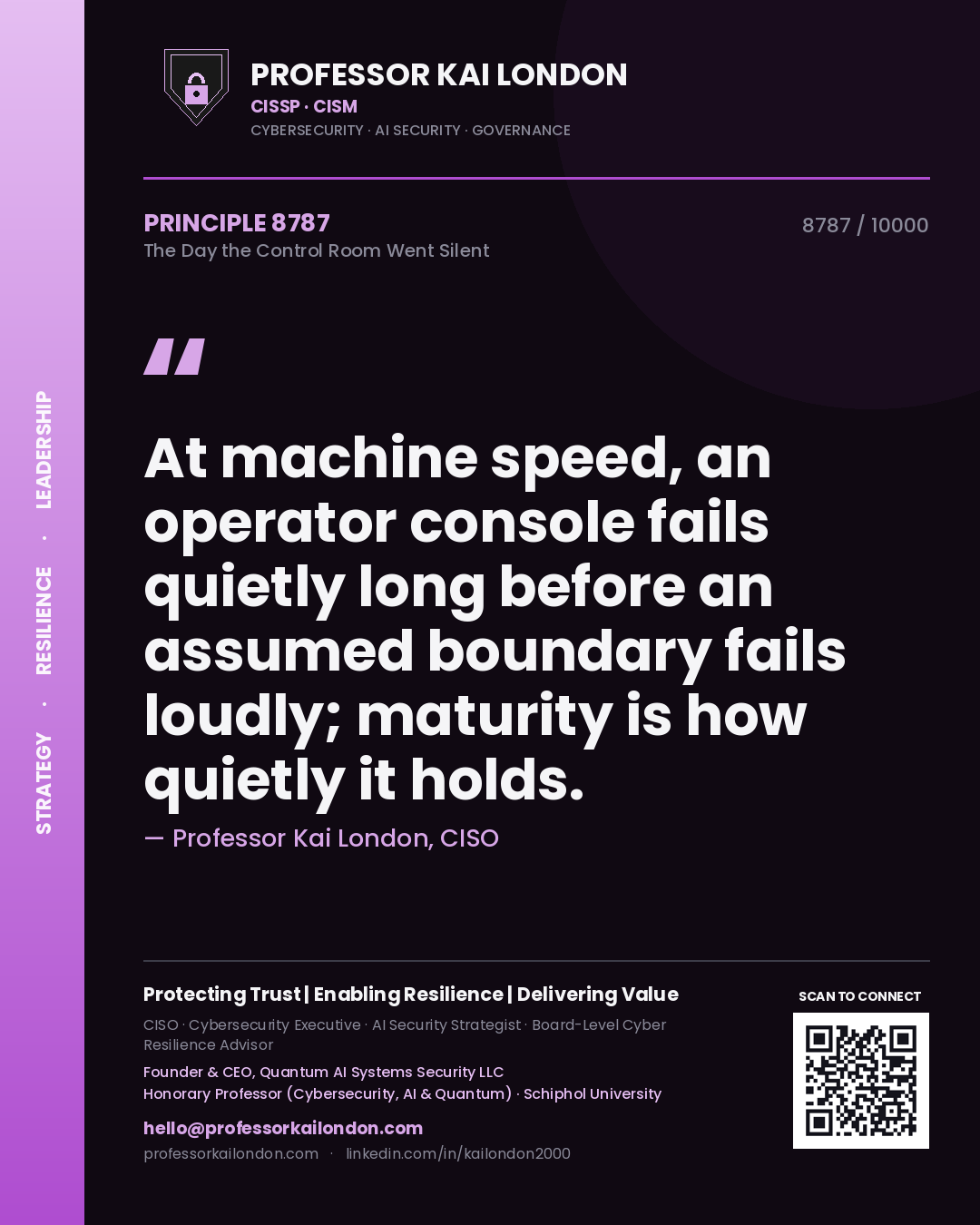 Quote card by Professor Kai London reading 'At machine speed, an operator console fails quietly long before an assumed boundary fails loudly; maturity is how quietly it holds.'. From the book The Day the Control Room Went Silent.