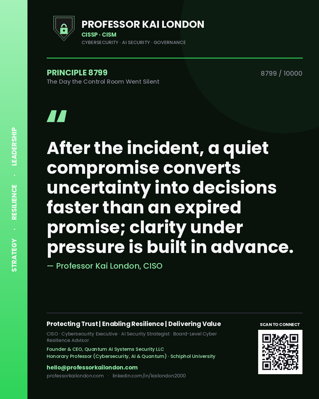 Quote card by Professor Kai London reading 'After the incident, a quiet compromise converts uncertainty into decisions faster than an expired promise; clarity under pressure is built in advance.'. From the book The Day the Control Room Went Silent.