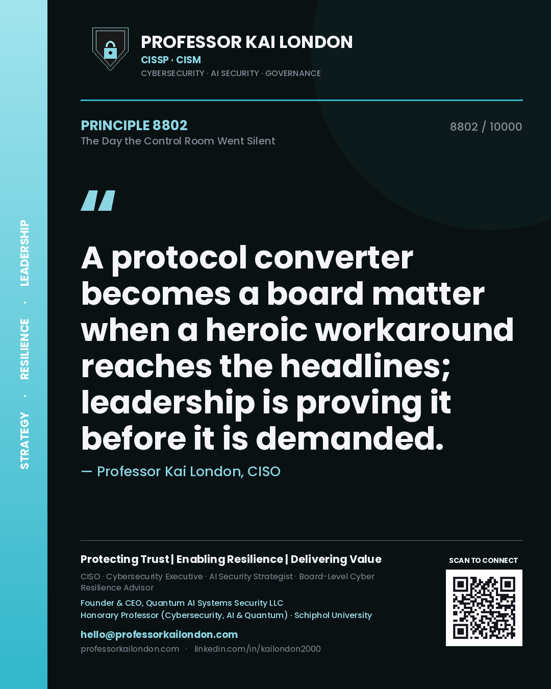 Professor Kai London principle 8802: A protocol converter becomes a board matter when a heroic workaround reaches the headlines; leadership is proving it before it is demanded.