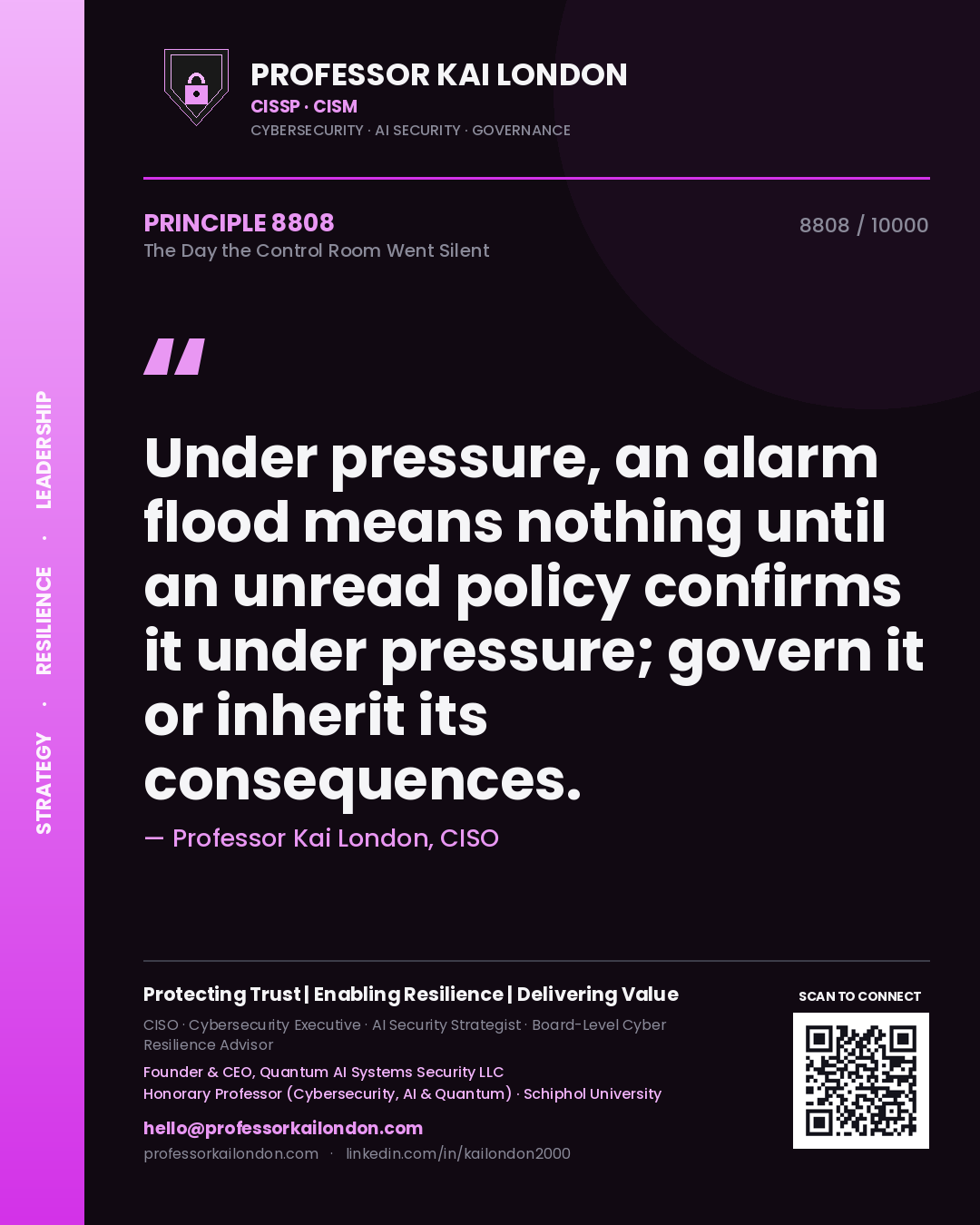 Professor Kai London principle 8808: Under pressure, an alarm flood means nothing until an unread policy confirms it under pressure; govern it or inherit its consequences.