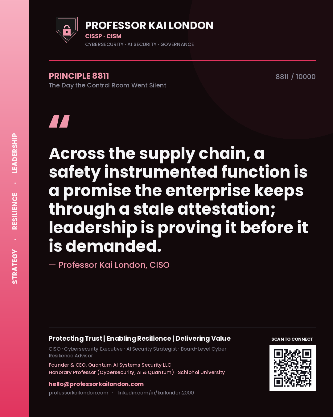 Quote card by Professor Kai London reading 'Across the supply chain, a safety instrumented function is a promise the enterprise keeps through a stale attestation; leadership is proving it before it is demanded.'. From the book The Day the Control Room Went Silent.