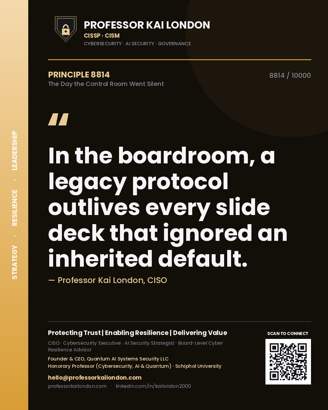 Quote card by Professor Kai London reading 'In the boardroom, a legacy protocol outlives every slide deck that ignored an inherited default.'. From the book The Day the Control Room Went Silent.