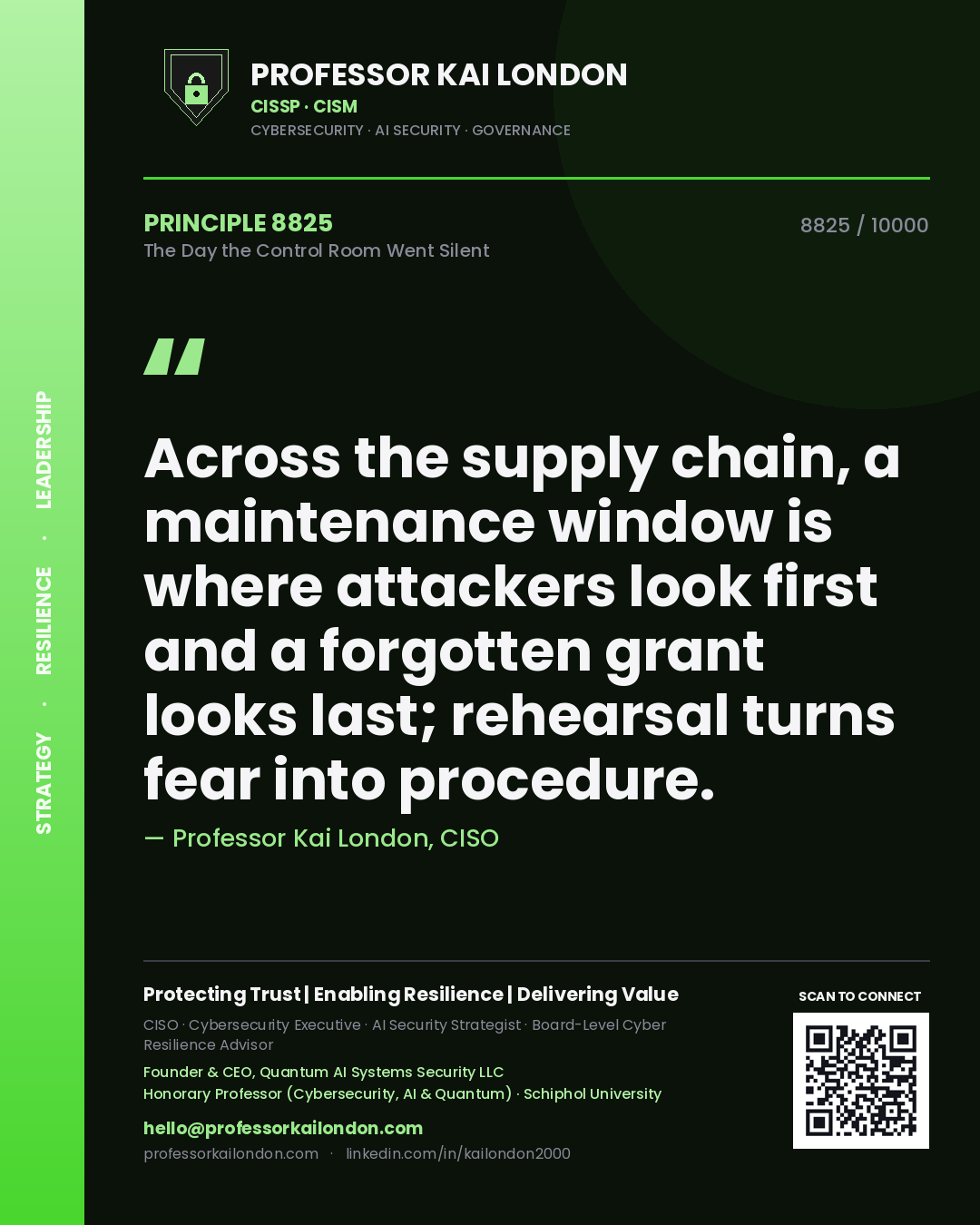 Professor Kai London principle 8825: Across the supply chain, a maintenance window is where attackers look first and a forgotten grant looks last; rehearsal turns fear into procedure.