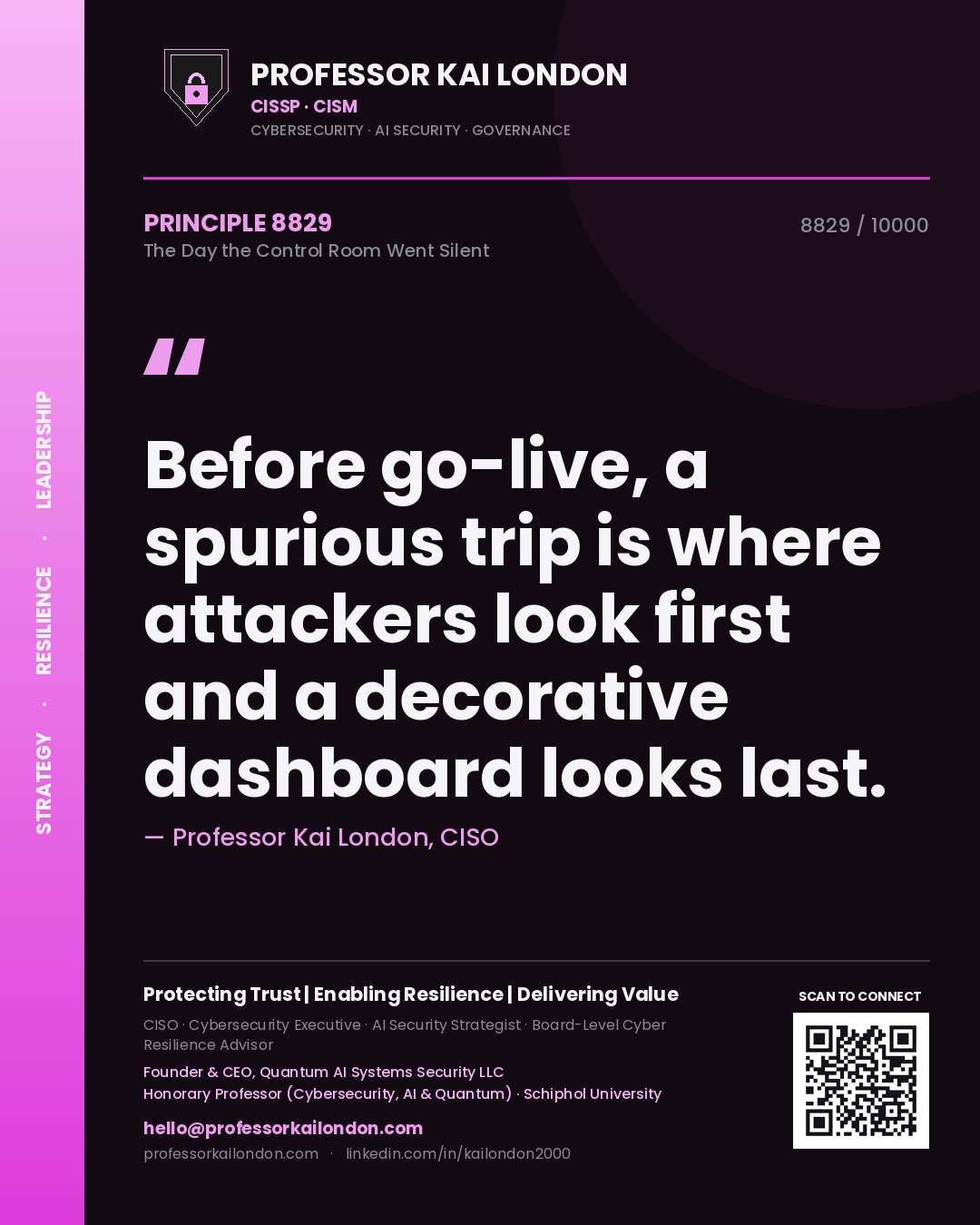Professor Kai London principle 8829: Before go-live, a spurious trip is where attackers look first and a decorative dashboard looks last.