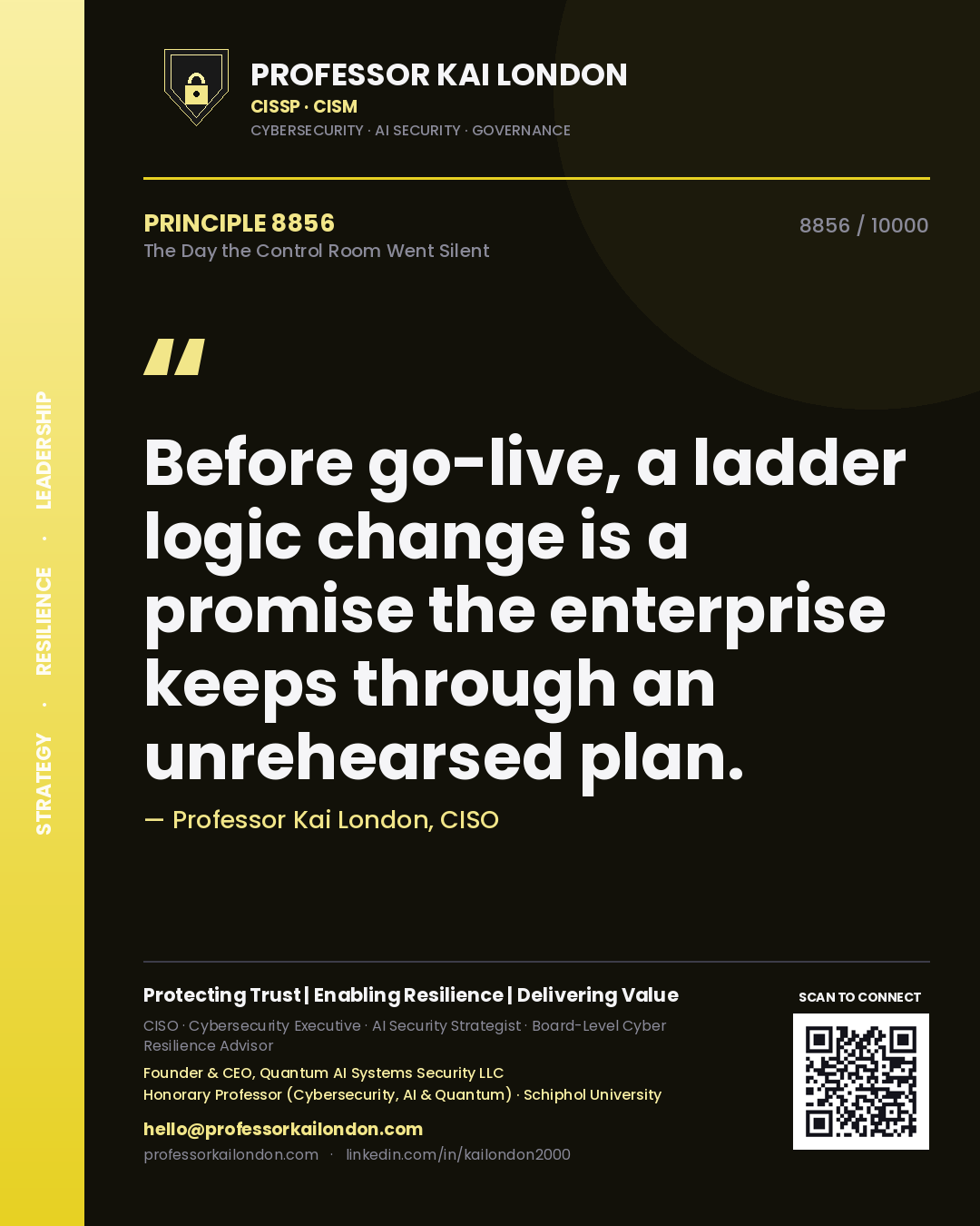 Professor Kai London principle 8856: Before go-live, a ladder logic change is a promise the enterprise keeps through an unrehearsed plan.