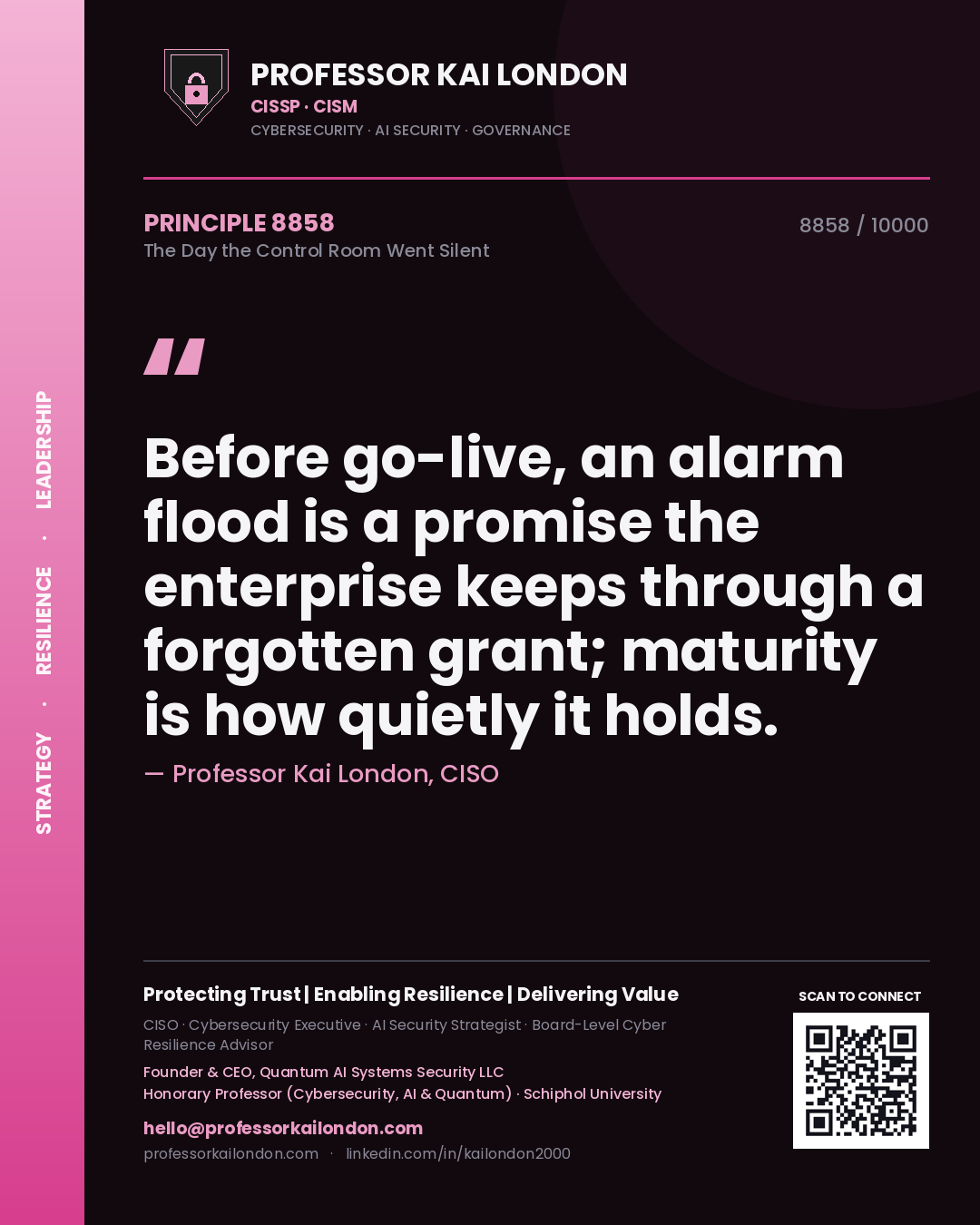 Quote card by Professor Kai London reading 'Before go-live, an alarm flood is a promise the enterprise keeps through a forgotten grant; maturity is how quietly it holds.'. From the book The Day the Control Room Went Silent.