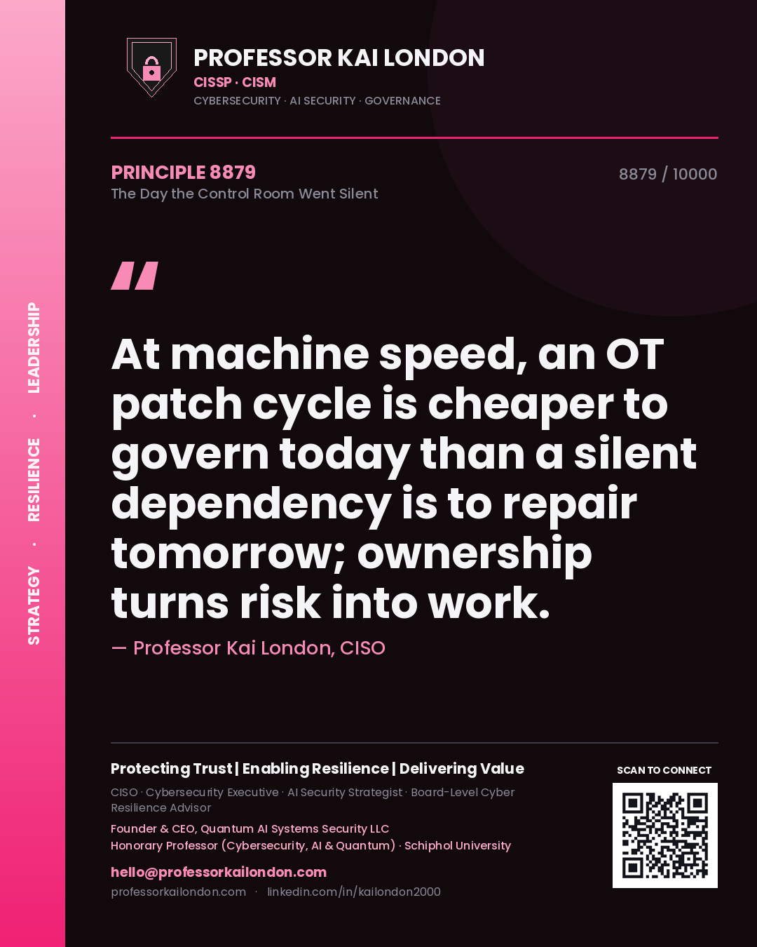 Quote card by Professor Kai London reading 'At machine speed, an OT patch cycle is cheaper to govern today than a silent dependency is to repair tomorrow; ownership turns risk into work.'. From the book The Day the Control Room Went Silent.