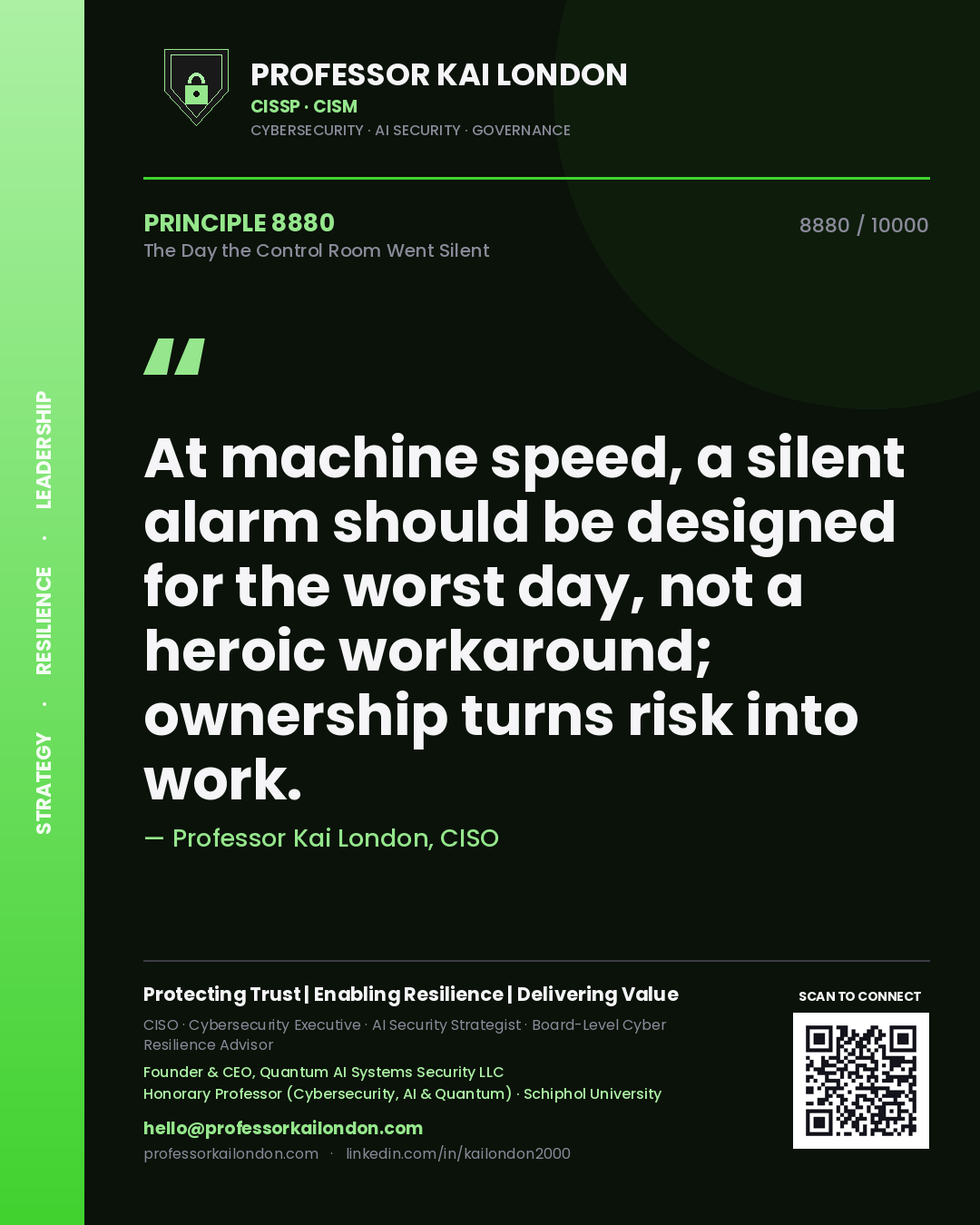 Professor Kai London principle 8880: At machine speed, a silent alarm should be designed for the worst day, not a heroic workaround; ownership turns risk into work.