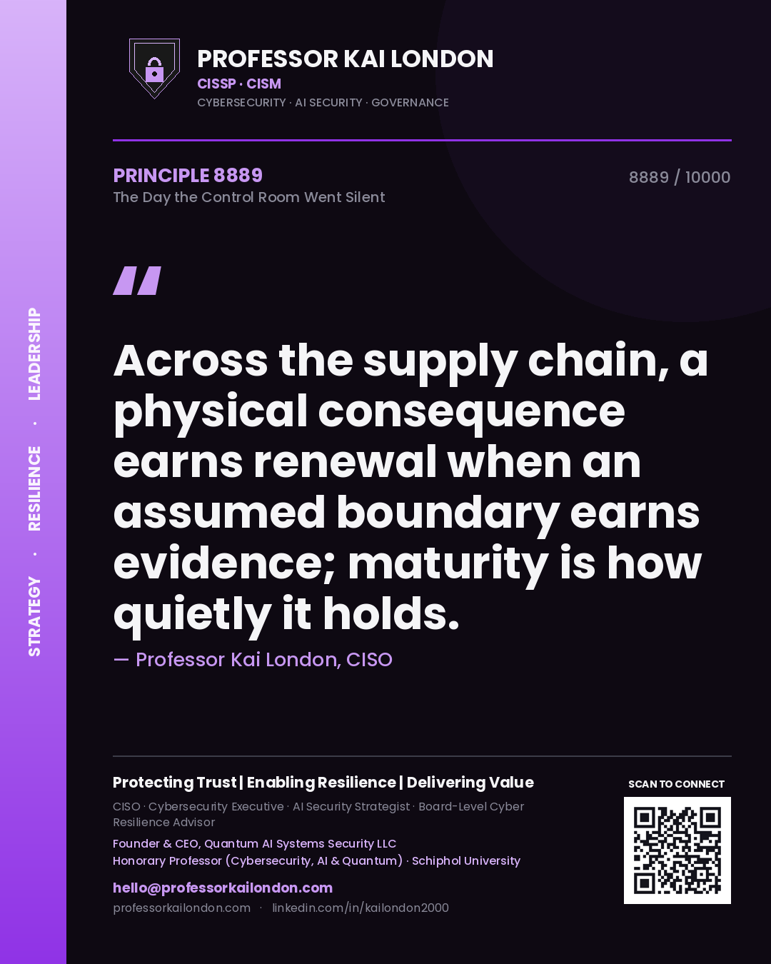 Professor Kai London principle 8889: Across the supply chain, a physical consequence earns renewal when an assumed boundary earns evidence; maturity is how quietly it holds.