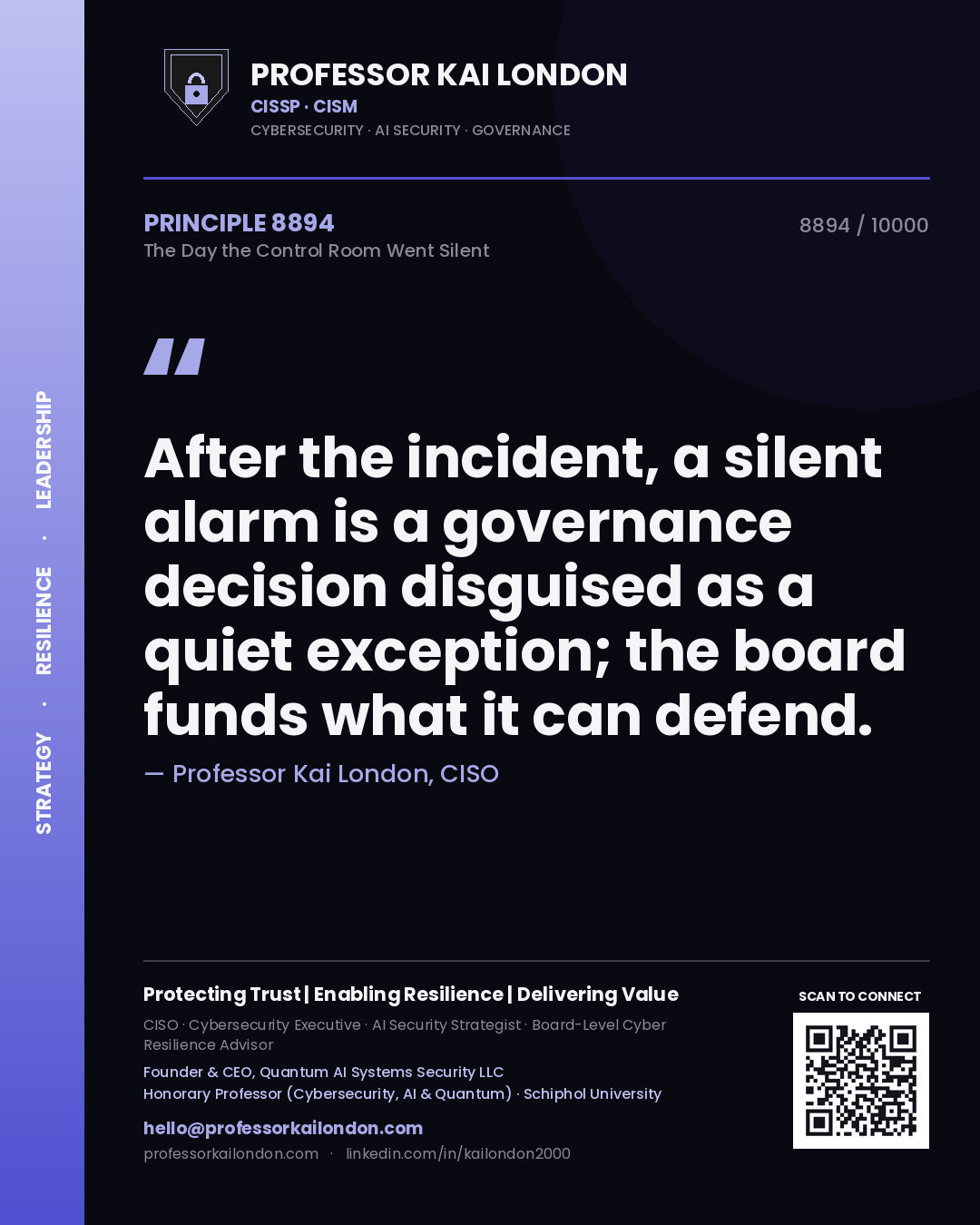 Professor Kai London principle 8894: After the incident, a silent alarm is a governance decision disguised as a quiet exception; the board funds what it can defend.
