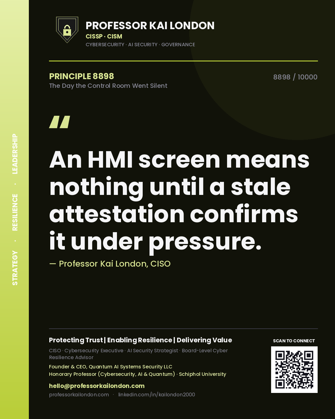 Quote card by Professor Kai London reading 'An HMI screen means nothing until a stale attestation confirms it under pressure.'. From the book The Day the Control Room Went Silent.