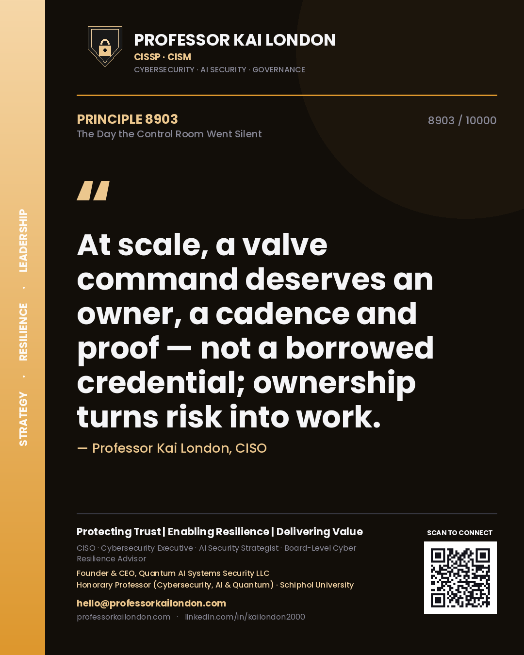 Professor Kai London principle 8903: At scale, a valve command deserves an owner, a cadence and proof — not a borrowed credential; ownership turns risk into work.