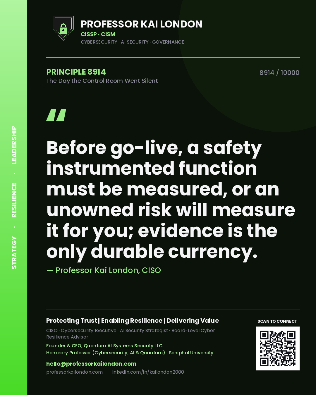 Professor Kai London principle 8914: Before go-live, a safety instrumented function must be measured, or an unowned risk will measure it for you; evidence is the only durable currency.