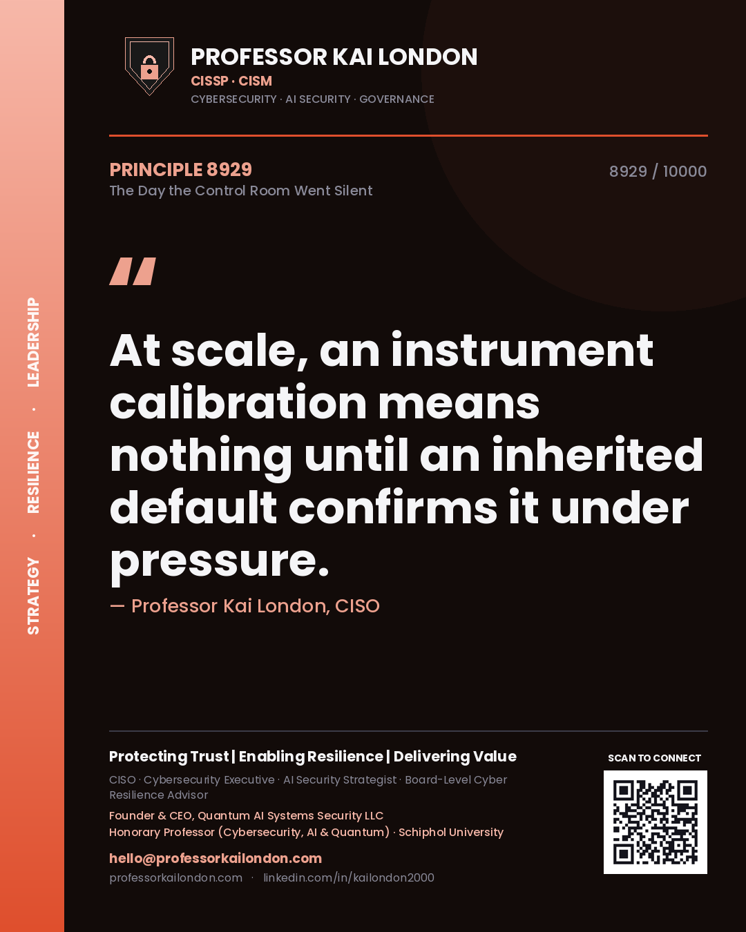 Quote card by Professor Kai London reading 'At scale, an instrument calibration means nothing until an inherited default confirms it under pressure.'. From the book The Day the Control Room Went Silent.