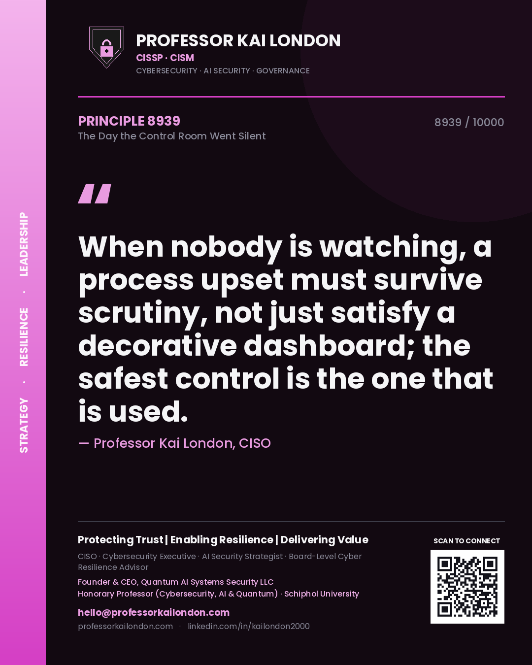 Quote card by Professor Kai London reading 'When nobody is watching, a process upset must survive scrutiny, not just satisfy a decorative dashboard; the safest control is the one that is used.'. From the book The Day the Control Room Went Silent.