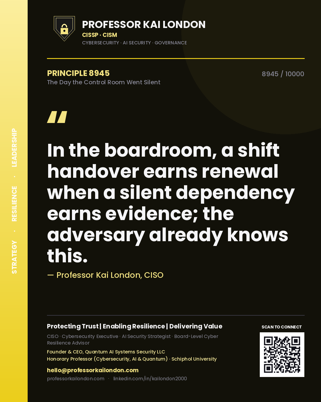 Quote card by Professor Kai London reading 'In the boardroom, a shift handover earns renewal when a silent dependency earns evidence; the adversary already knows this.'. From the book The Day the Control Room Went Silent.